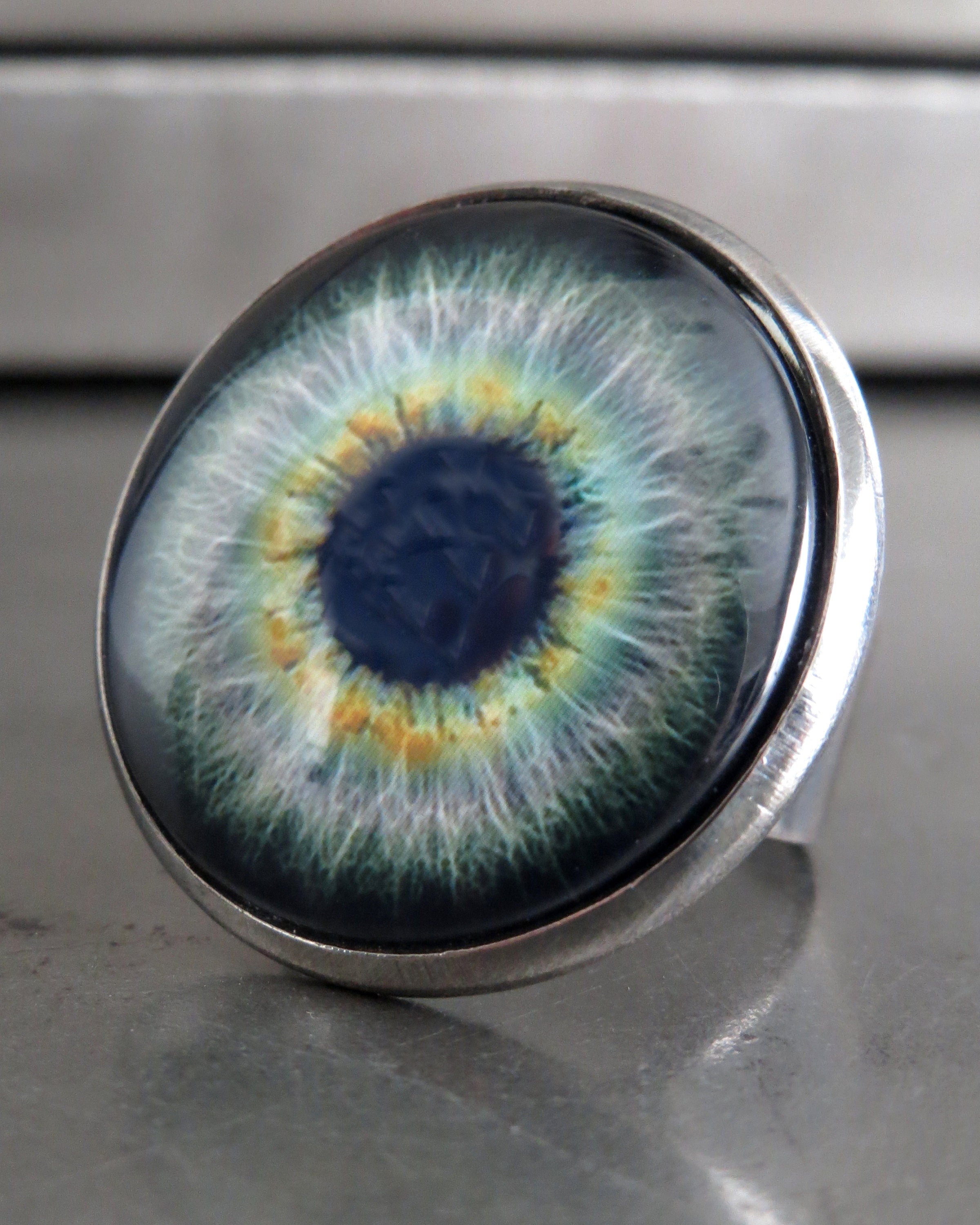 Large Grey Eyeball Ring - Photo-Realistic Eye Ball Ring, Gray Evil Eye Ring, Adjustable Black Ring Band - Goth Halloween Gift for Teen