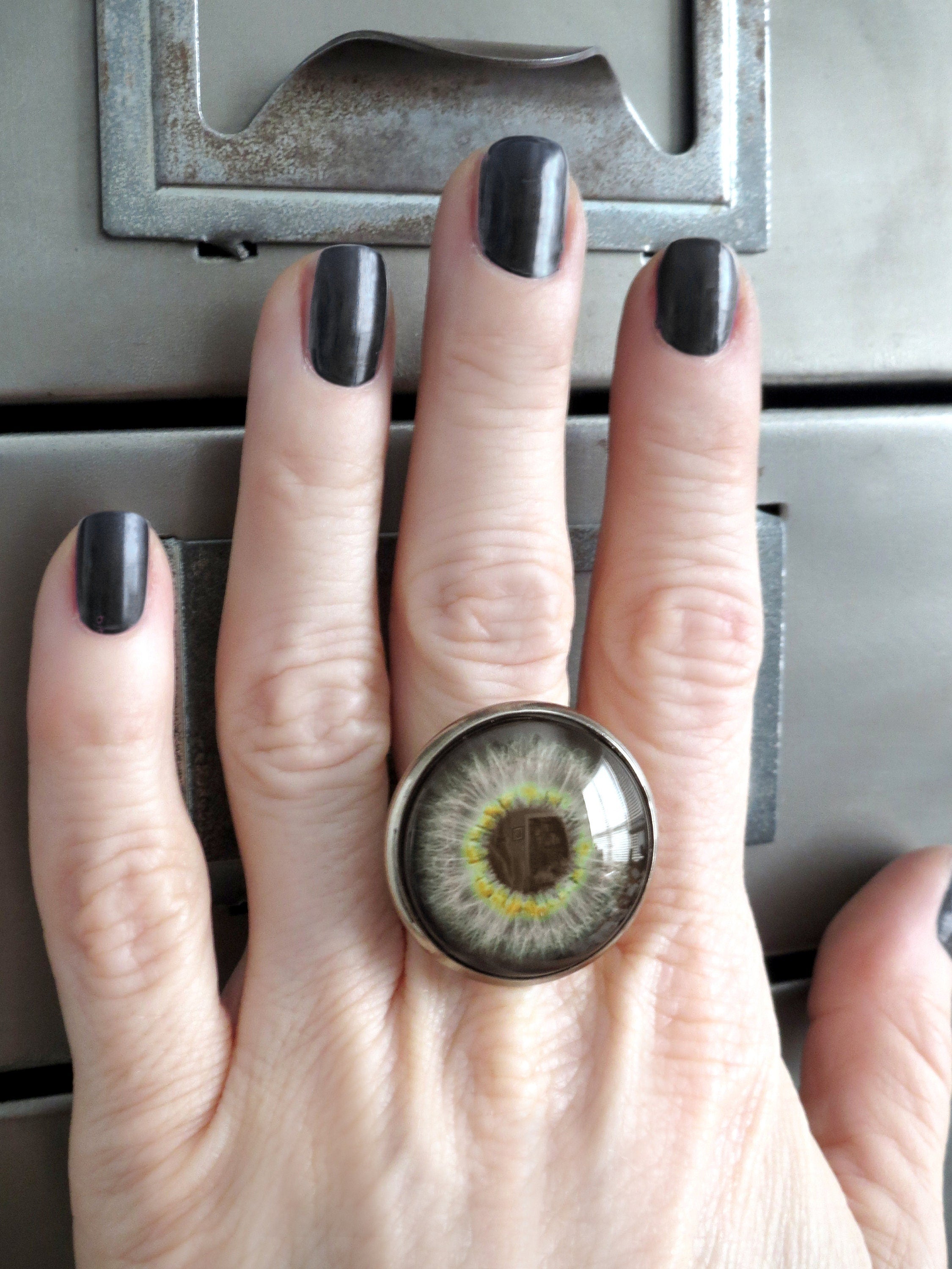 Large Grey Eyeball Ring - Photo-Realistic Eye Ball Ring, Gray Evil Eye Ring, Adjustable Black Ring Band - Goth Halloween Gift for Teen