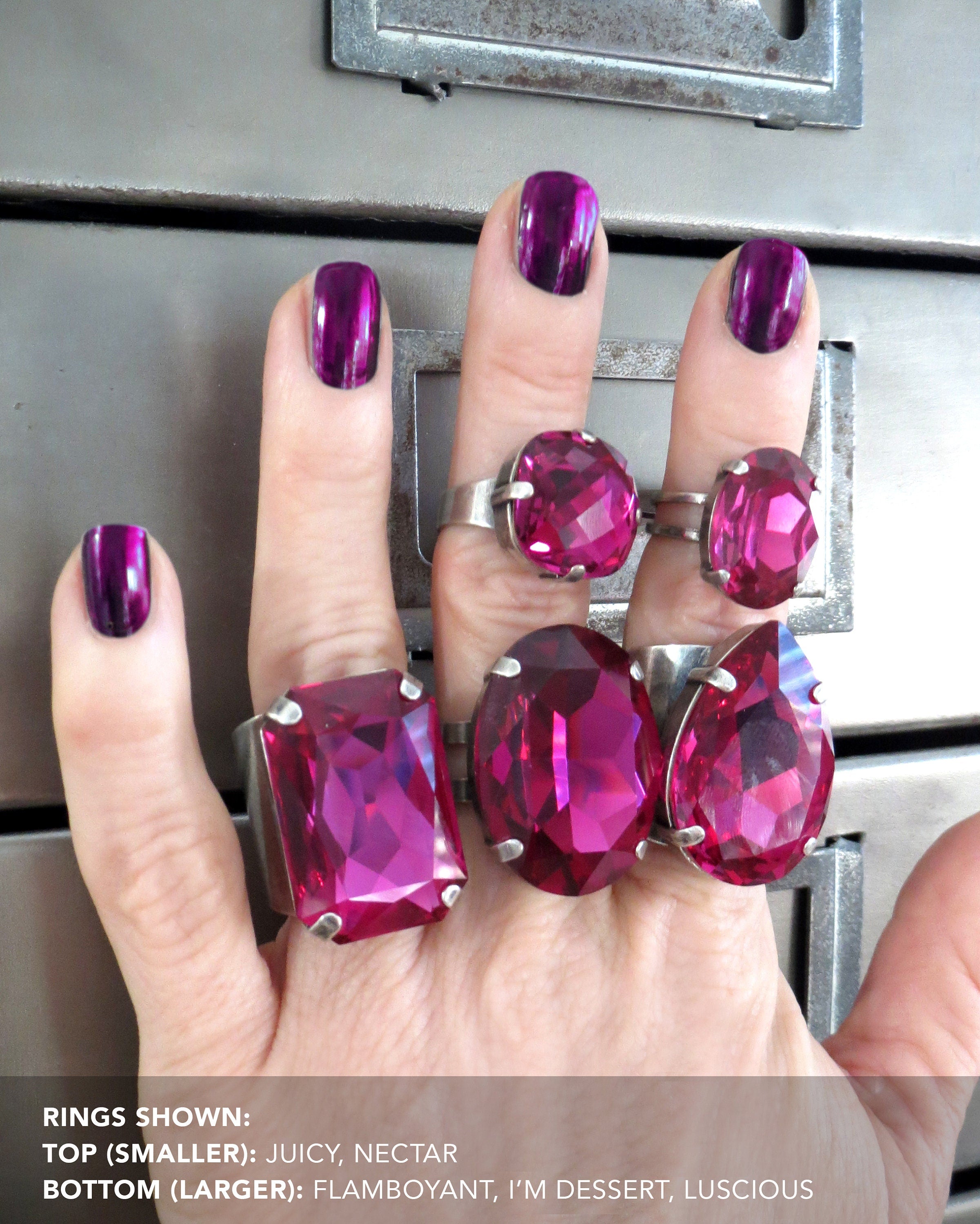 I'M DESSERT - Large Oval Magenta Crystal Ring - Deep Fuchsia, Dark Raspberry Oval Crystal Ring, Antiqued Silver Adjustable Ring Band,