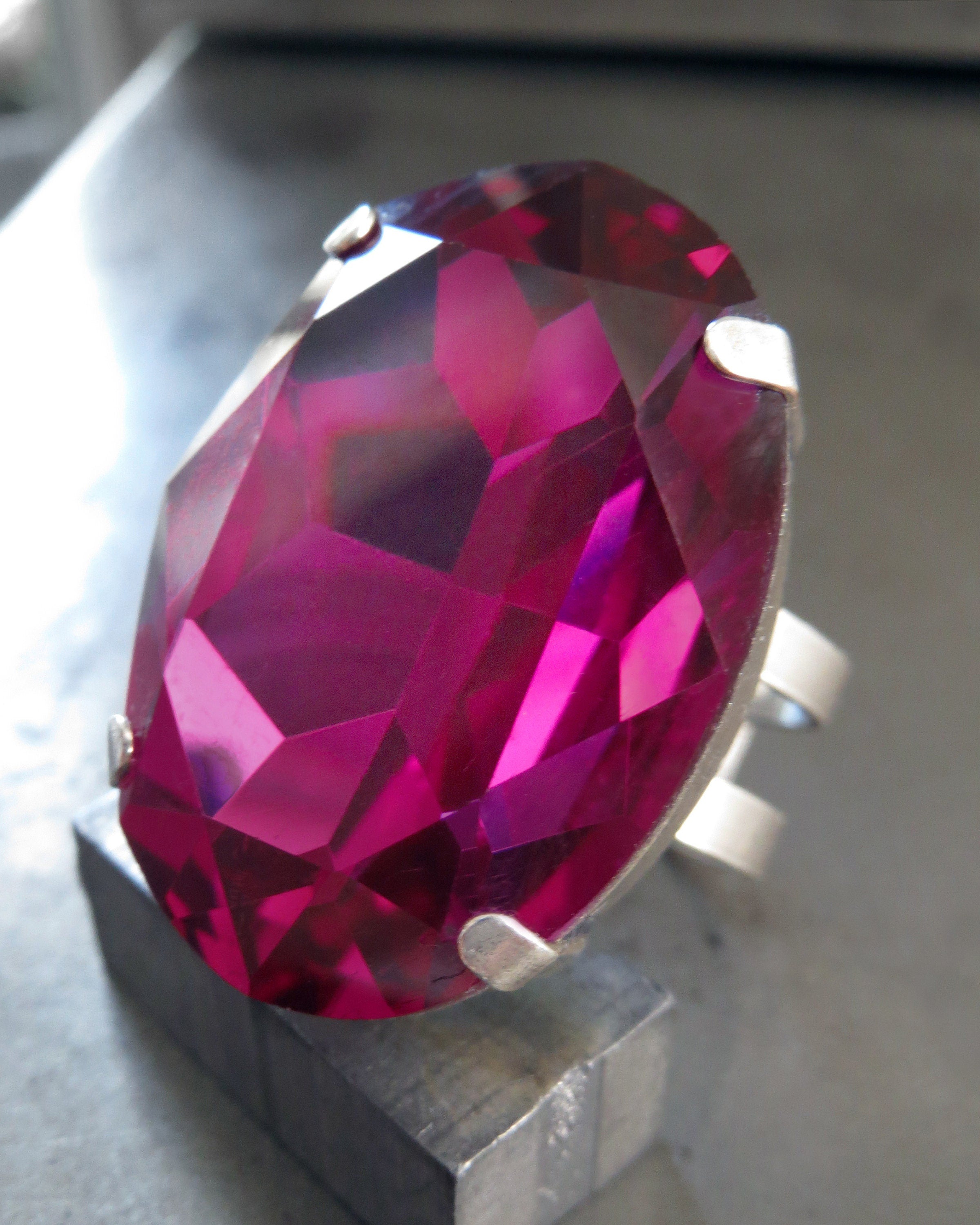 I'M DESSERT - Large Oval Magenta Crystal Ring - Deep Fuchsia, Dark Raspberry Oval Crystal Ring, Antiqued Silver Adjustable Ring Band,