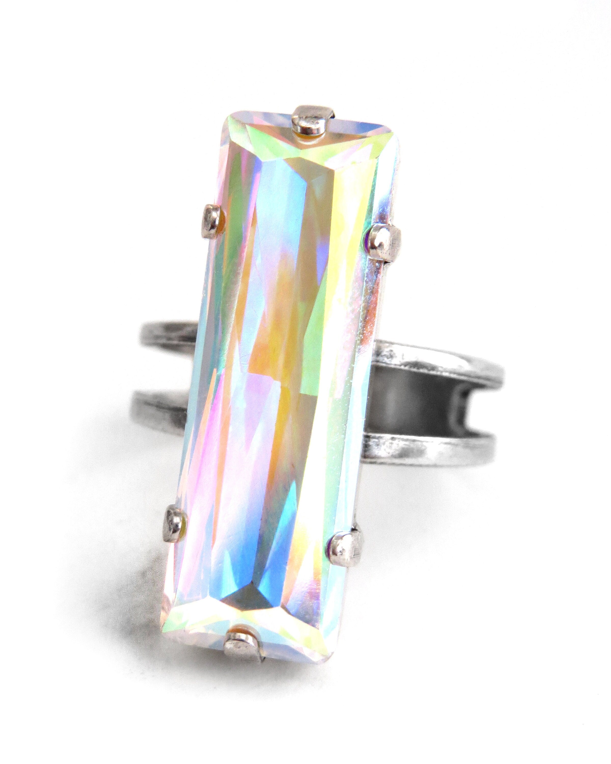 HEAVEN - Baguette Crystal Ring w Mystical Multicolor Crystal AB - Shimmer Flashy Colors, Pastel Yellow, Pink, Purple, Blue - Adjustable Band