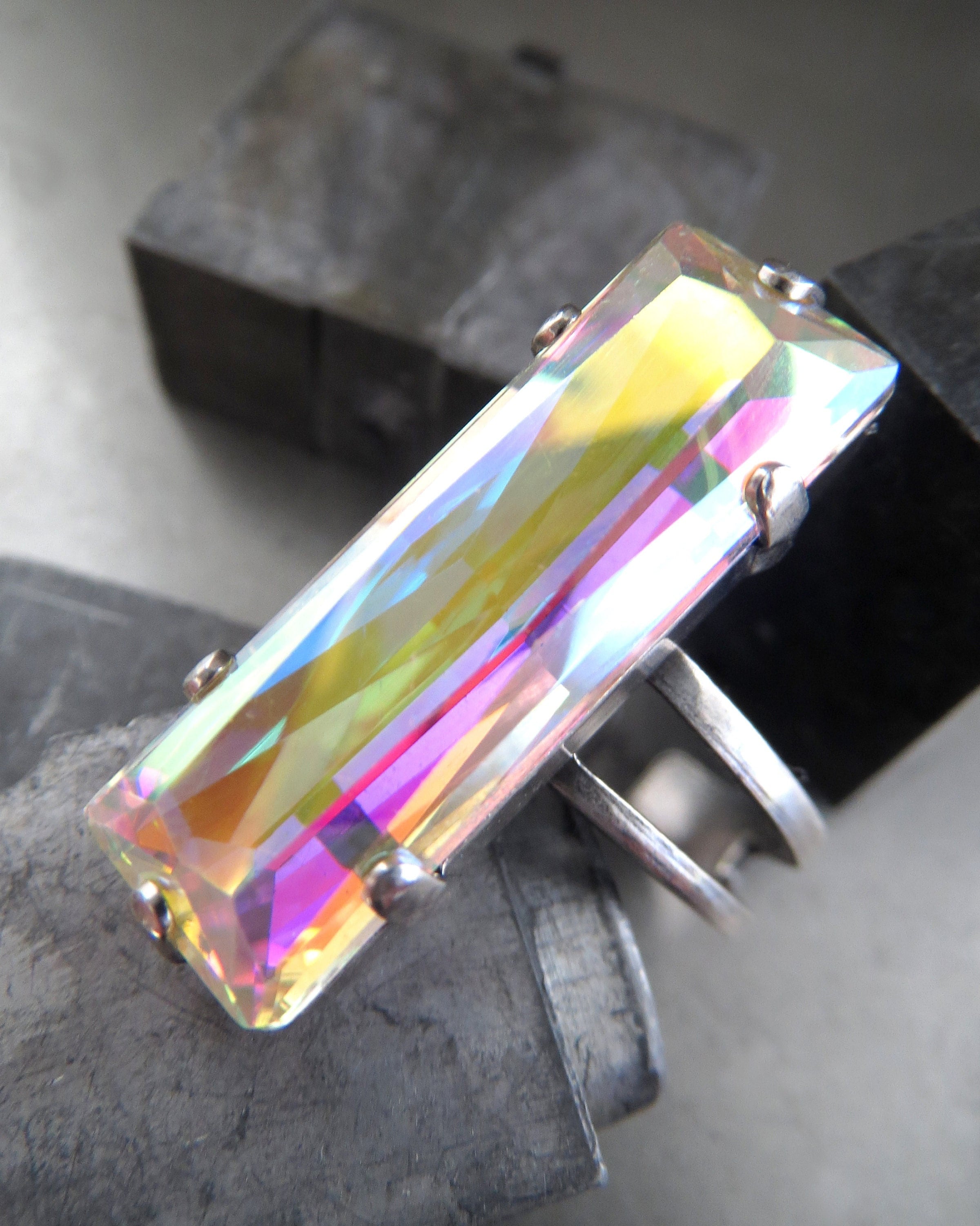 HEAVEN - Baguette Crystal Ring w Mystical Multicolor Crystal AB - Shimmer Flashy Colors, Pastel Yellow, Pink, Purple, Blue - Adjustable Band