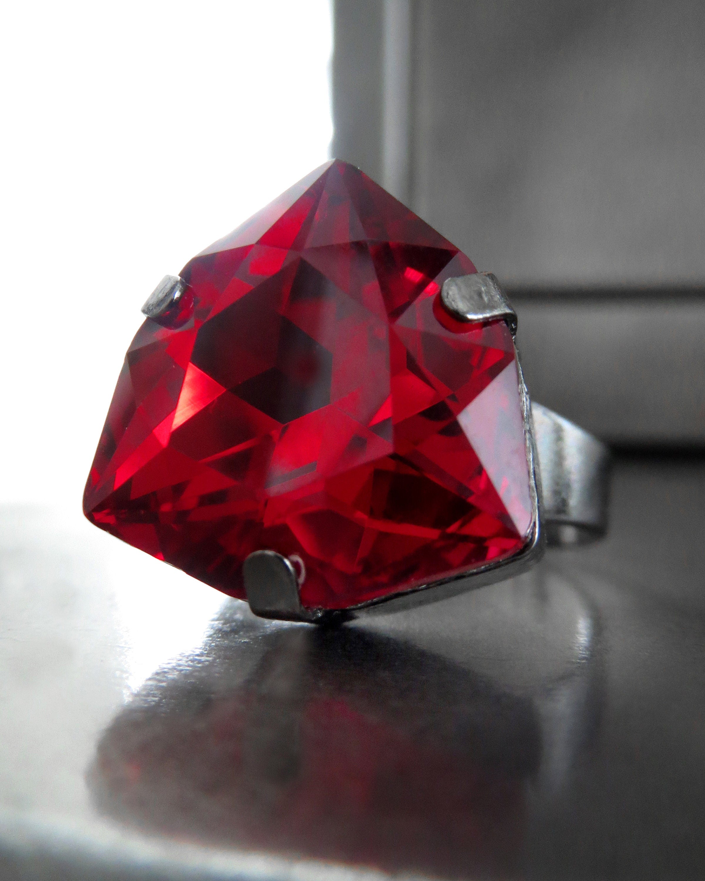 SCARLET - Regal Red Crystal Ring - Triangle Shape Trilliant Wicked Red Crystal Ring - Antiqued Silver Adjustable Ring Band