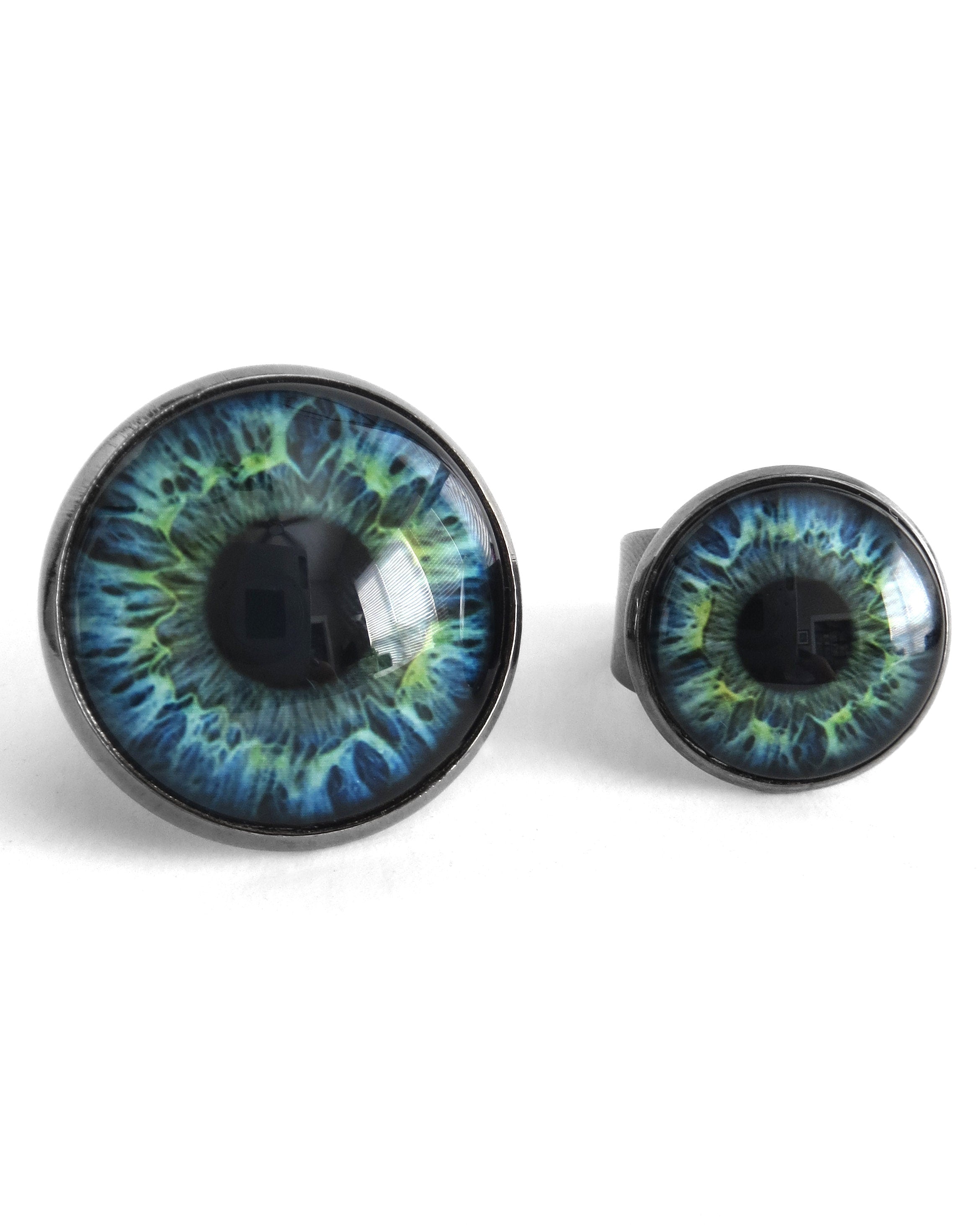 Blue-Green Eyeball Ring- 2 Sizes - Photo-Realistic Eye Ball Ring, Evil Eye Ring, Adjustable Black Ring Band - Goth Halloween Gift for Teen