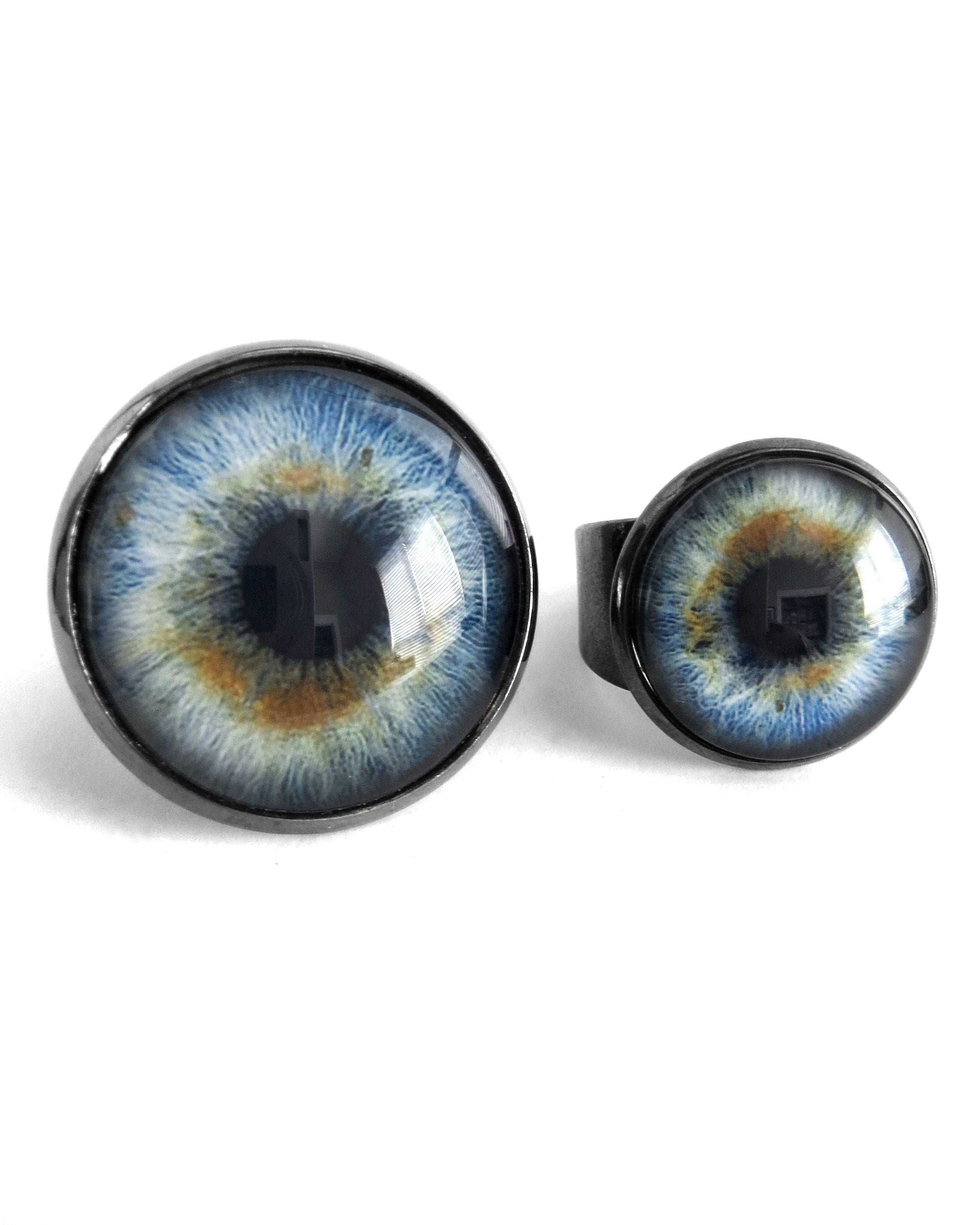 Blue Eyeball Ring w Brown Flecks - 2 Sizes - Realistic Eye Ring, Evil Eye Ring, Adjustable Black Ring Band - Goth Halloween Gift for Teen
