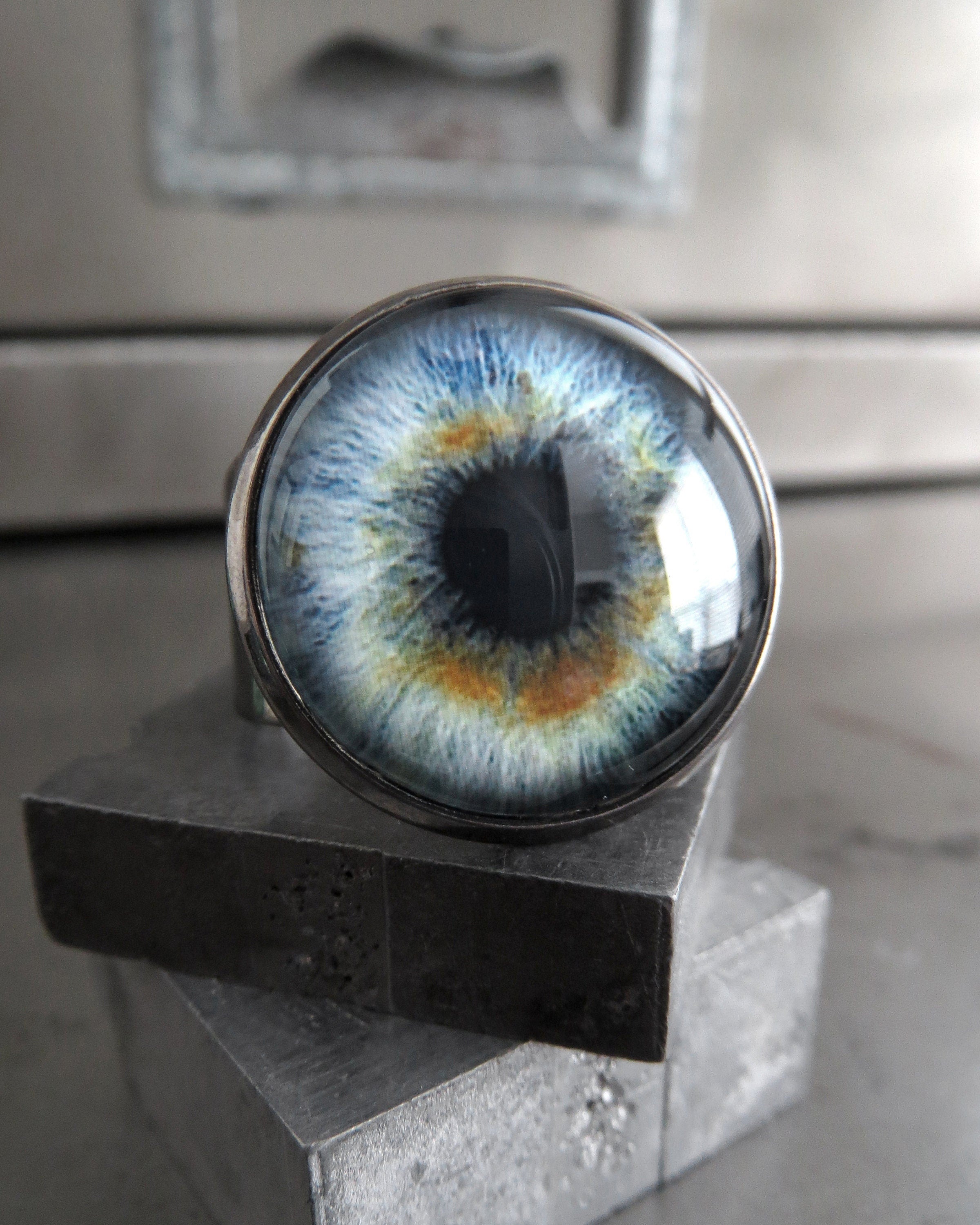 Blue Eyeball Ring w Brown Flecks - 2 Sizes - Realistic Eye Ring, Evil Eye Ring, Adjustable Black Ring Band - Goth Halloween Gift for Teen