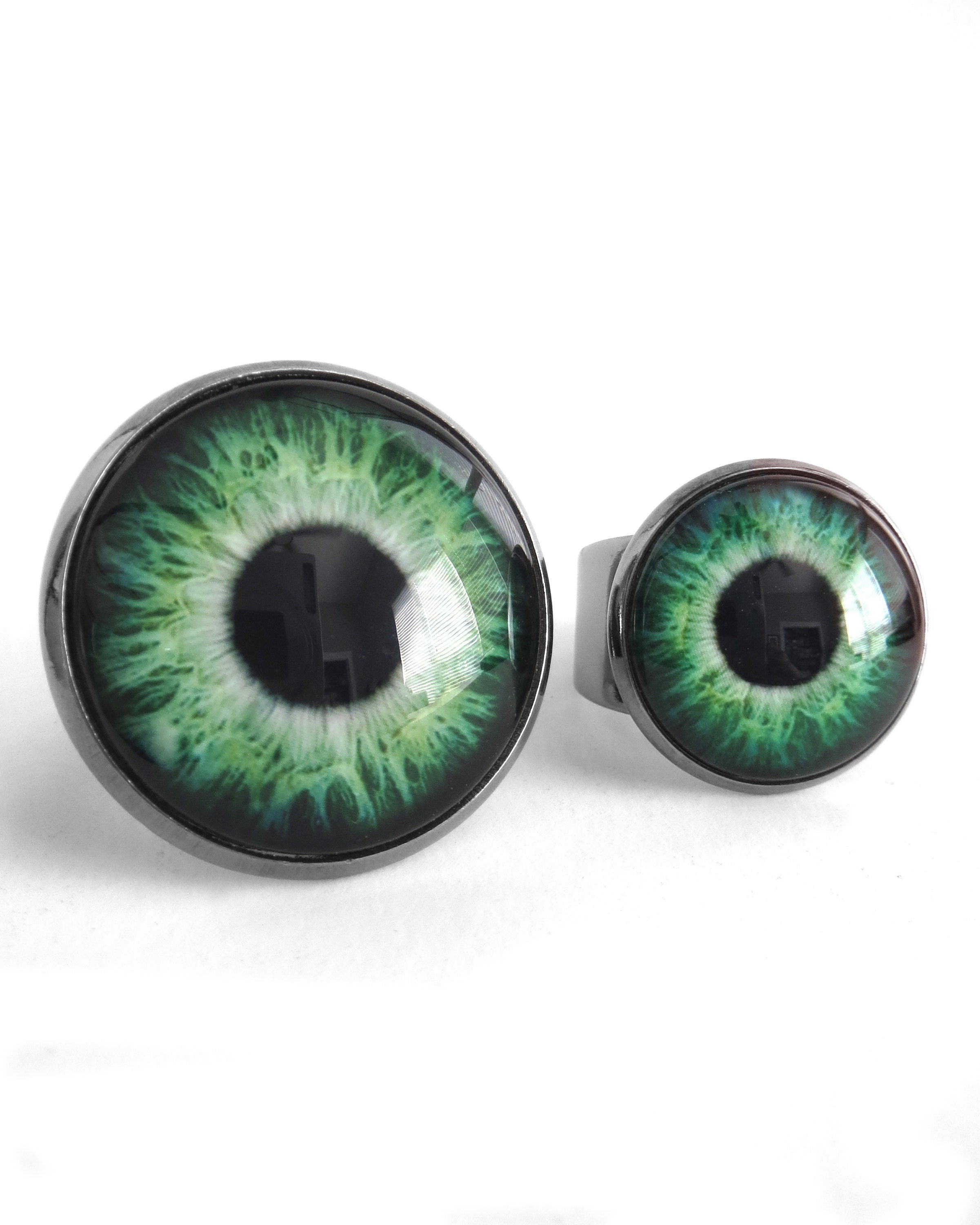 Monster Green Eyeball Ring - Two Sizes - Realistic Eye Ball Ring, Evil Eye Ring, Adjustable Black Ring Band - Goth Halloween Gift for Teen