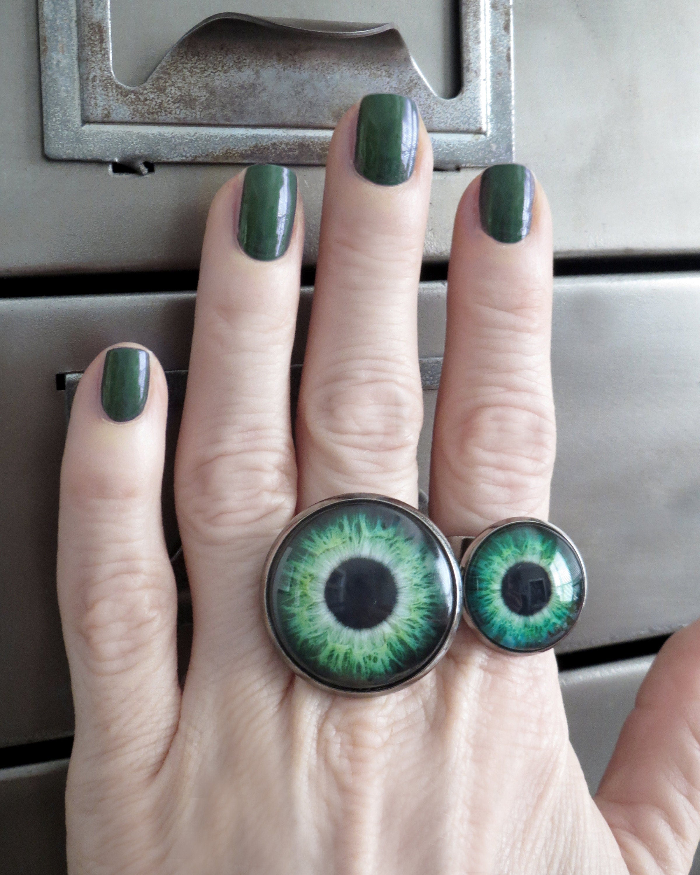 Monster Green Eyeball Ring - Two Sizes - Realistic Eye Ball Ring, Evil Eye Ring, Adjustable Black Ring Band - Goth Halloween Gift for Teen