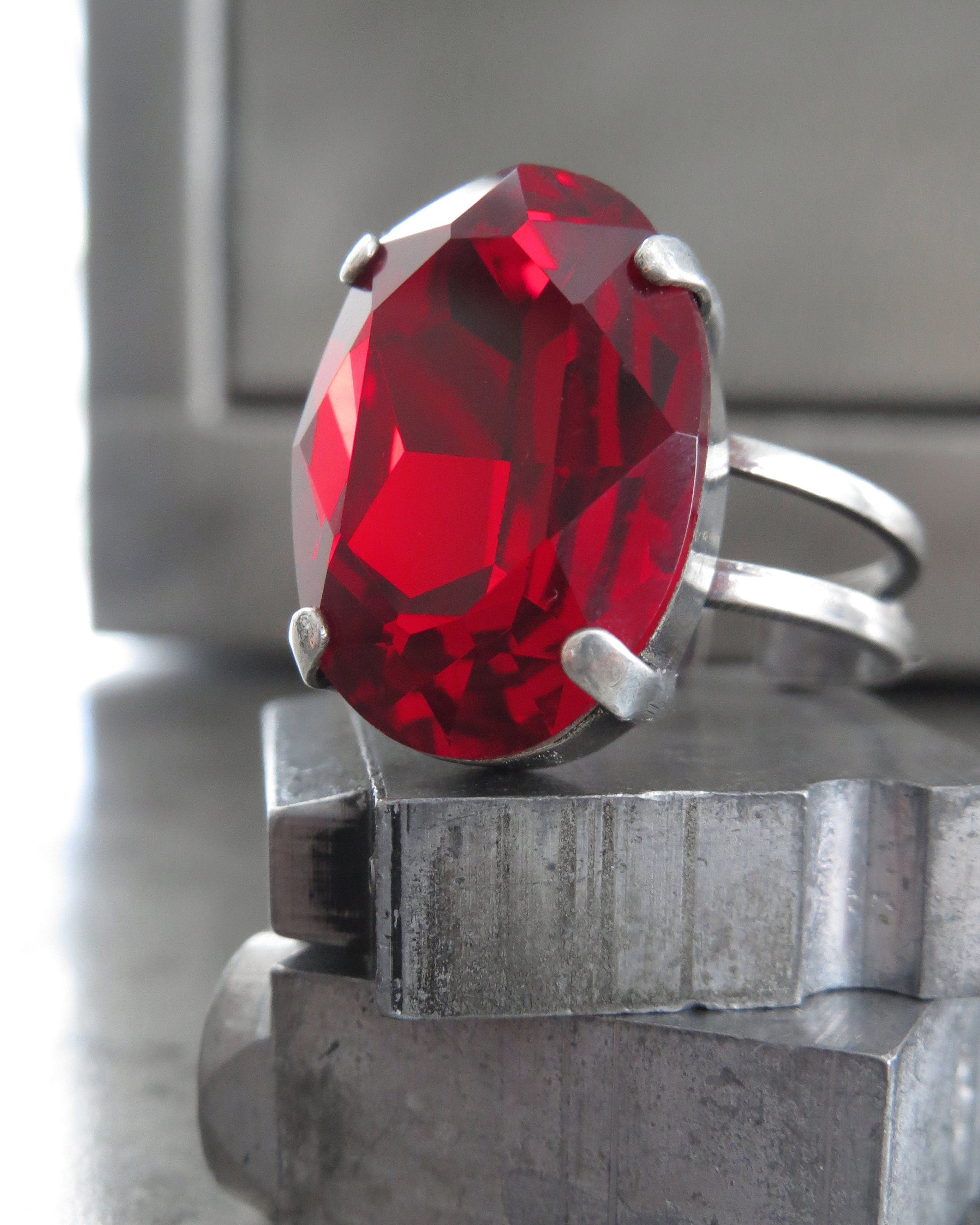 CROWN JEWEL: Regal Red Crystal Ring, Oval Siam Crystal with Antiqued Silver Adjustable Ring Band, Scarlet Ruby July Birthstone Ring - 4120