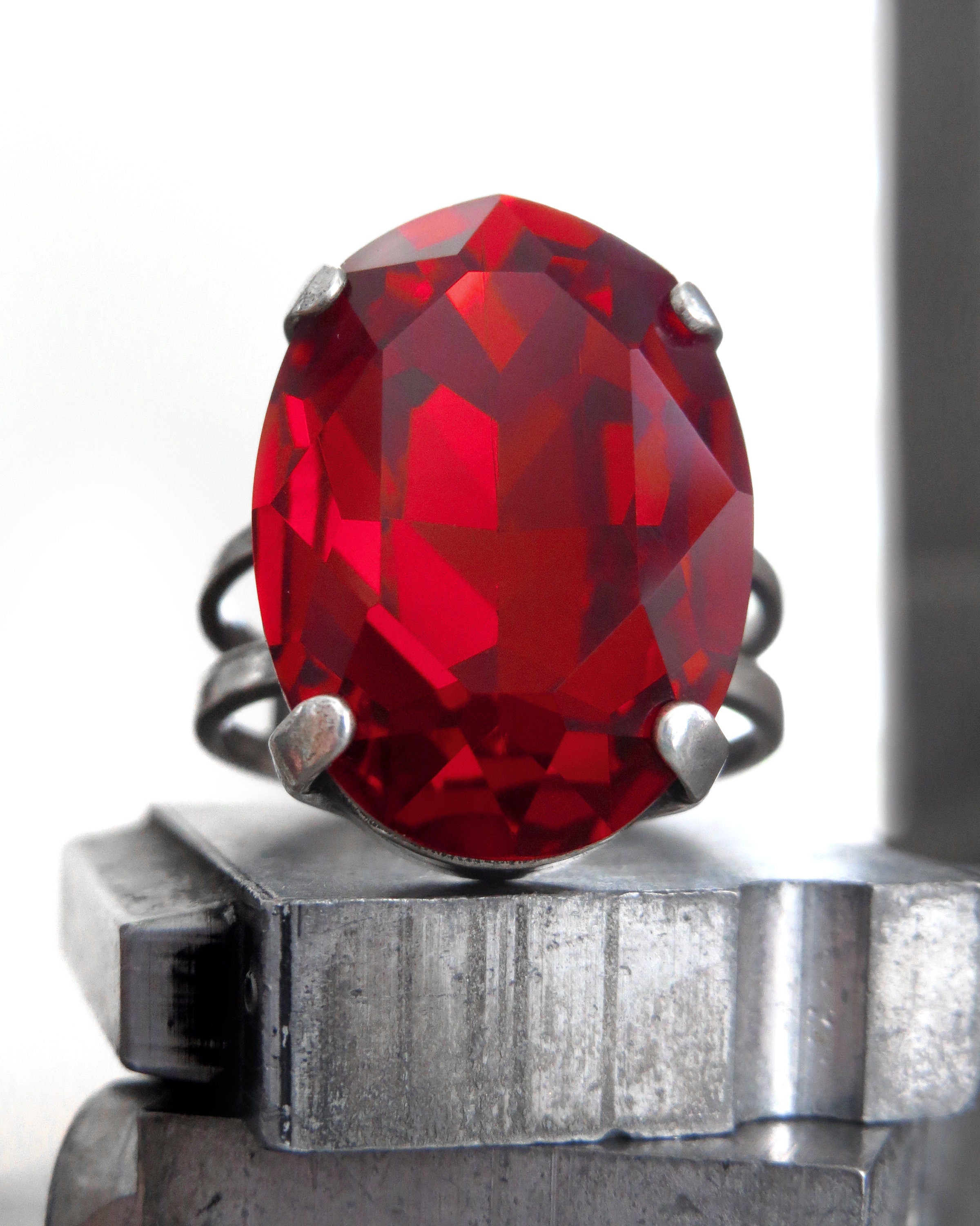 CROWN JEWEL: Regal Red Crystal Ring, Oval Siam Crystal with Antiqued Silver Adjustable Ring Band, Scarlet Ruby July Birthstone Ring - 4120