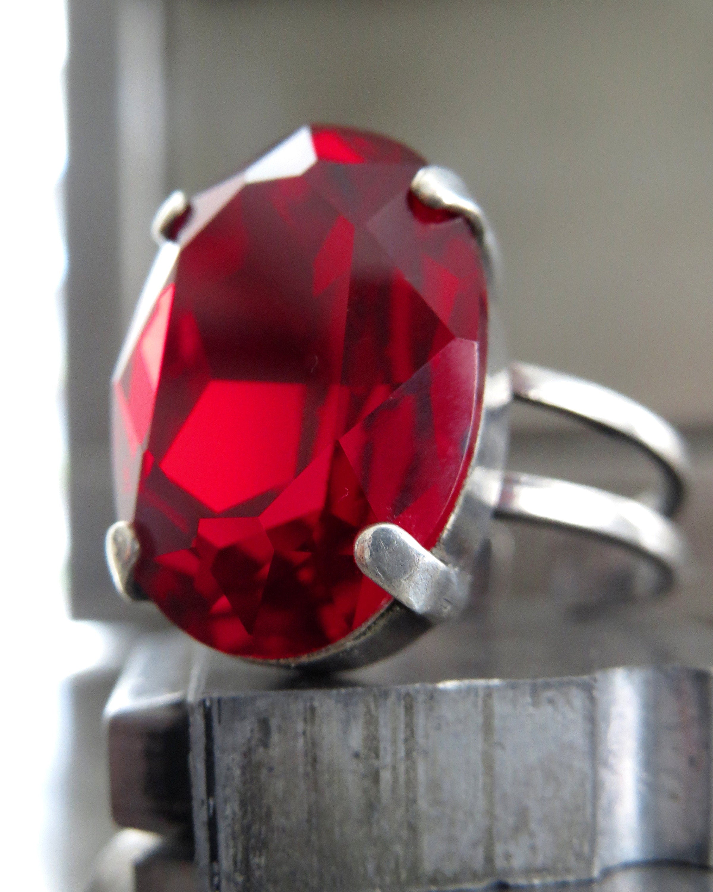 CROWN JEWEL: Regal Red Crystal Ring, Oval Siam Crystal with Antiqued Silver Adjustable Ring Band, Scarlet Ruby July Birthstone Ring - 4120