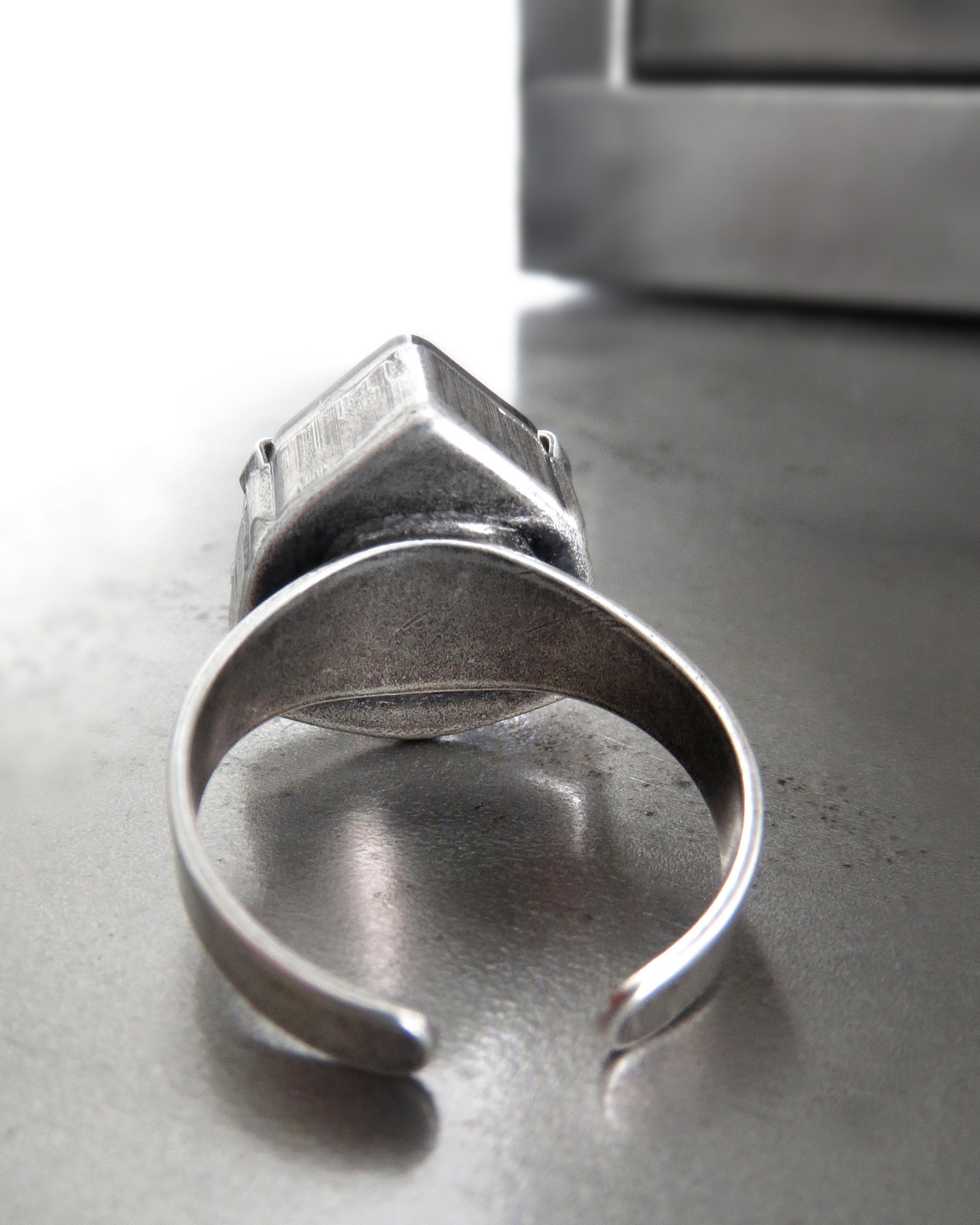 IMPERIAL - Sheer Silver Crystal Ring - Triangle Shape Trilliant Crystal Ring with Warm Grey Silver Sheen - Antiqued Silver Adjustable Band