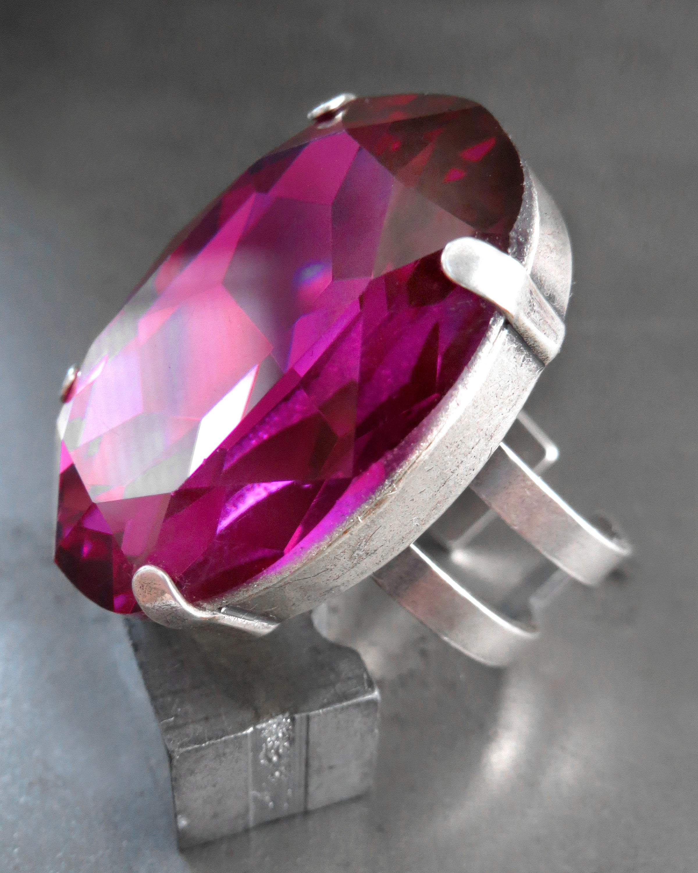 I'M DESSERT - Large Oval Magenta Crystal Ring - Deep Fuchsia, Dark Raspberry Oval Crystal Ring, Antiqued Silver Adjustable Ring Band,