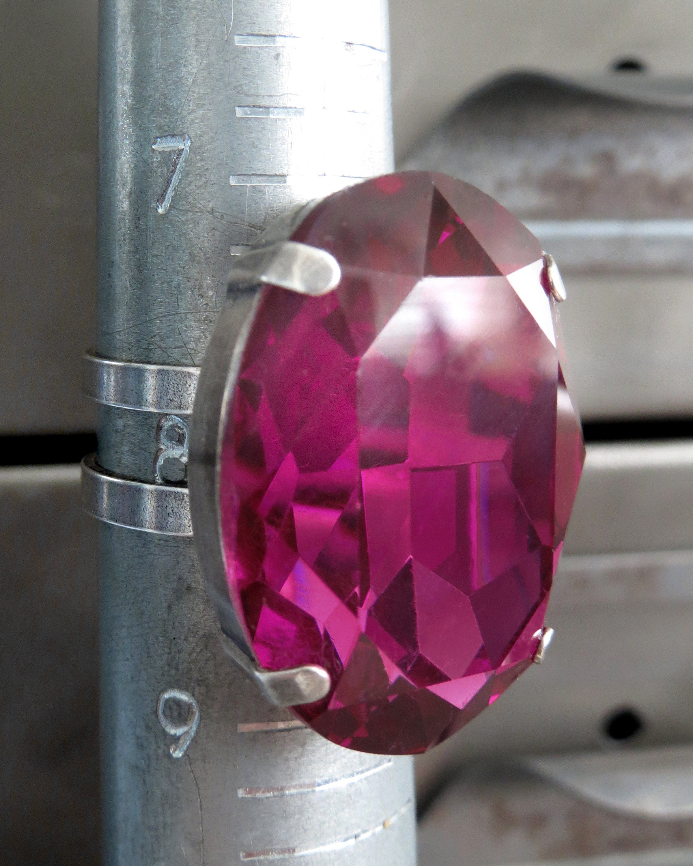 I'M DESSERT - Large Oval Magenta Crystal Ring - Deep Fuchsia, Dark Raspberry Oval Crystal Ring, Antiqued Silver Adjustable Ring Band,