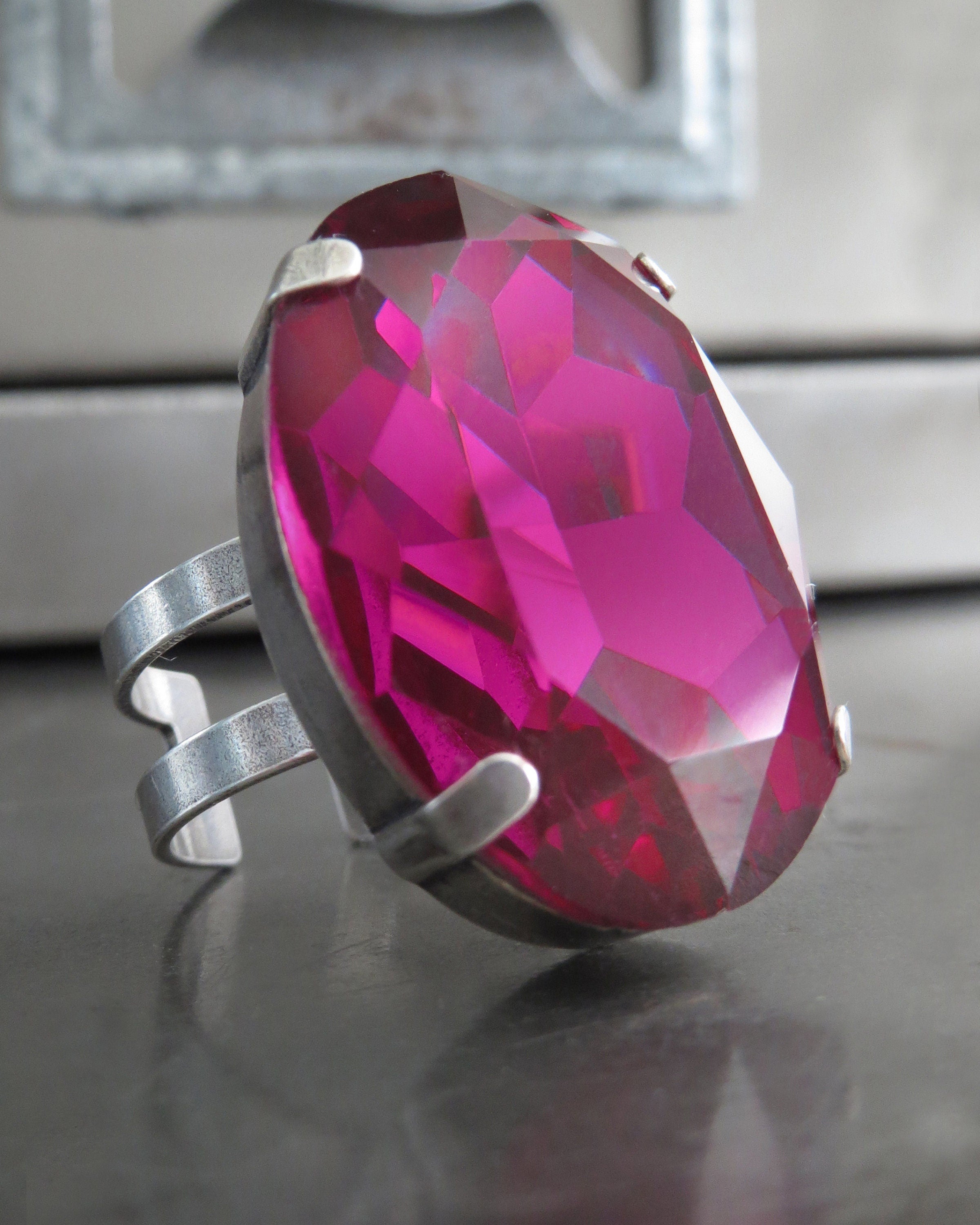 I'M DESSERT - Large Oval Magenta Crystal Ring - Deep Fuchsia, Dark Raspberry Oval Crystal Ring, Antiqued Silver Adjustable Ring Band,