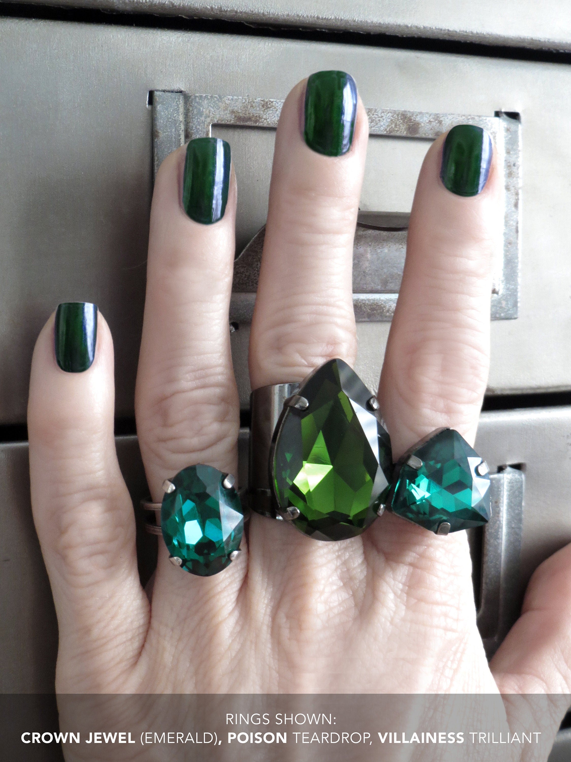 VILLAINESS - Emerald Green Crystal Ring - Slightly Wicked Triangle Shape Trilliant Green Crystal Ring - Antiqued Silver Adjustable Ring Band