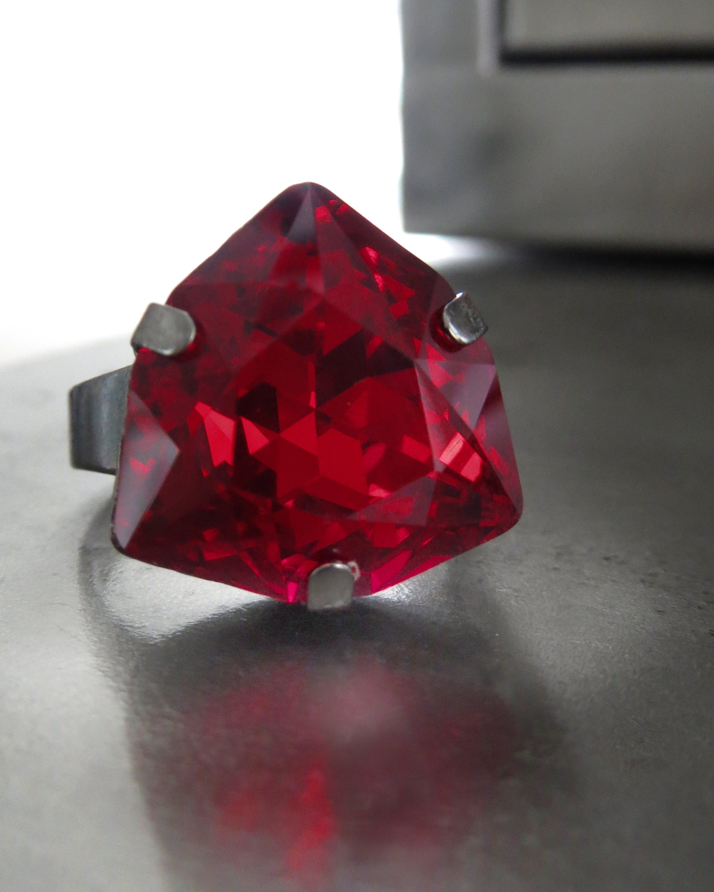 SCARLET - Regal Red Crystal Ring - Triangle Shape Trilliant Wicked Red Crystal Ring - Antiqued Silver Adjustable Ring Band