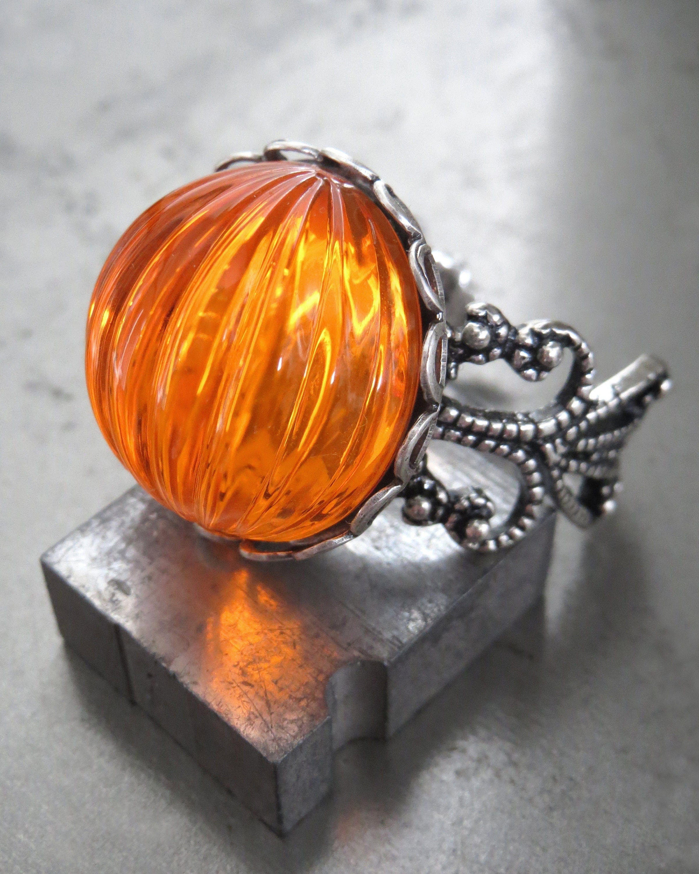 Orange Halloween Pumpkin Ring, Fun Halloween Ring Gift for Teen, Pumpkin Gift, Antiqued Silver Adjustable Ring, Trick Treat Gift Teen Girl