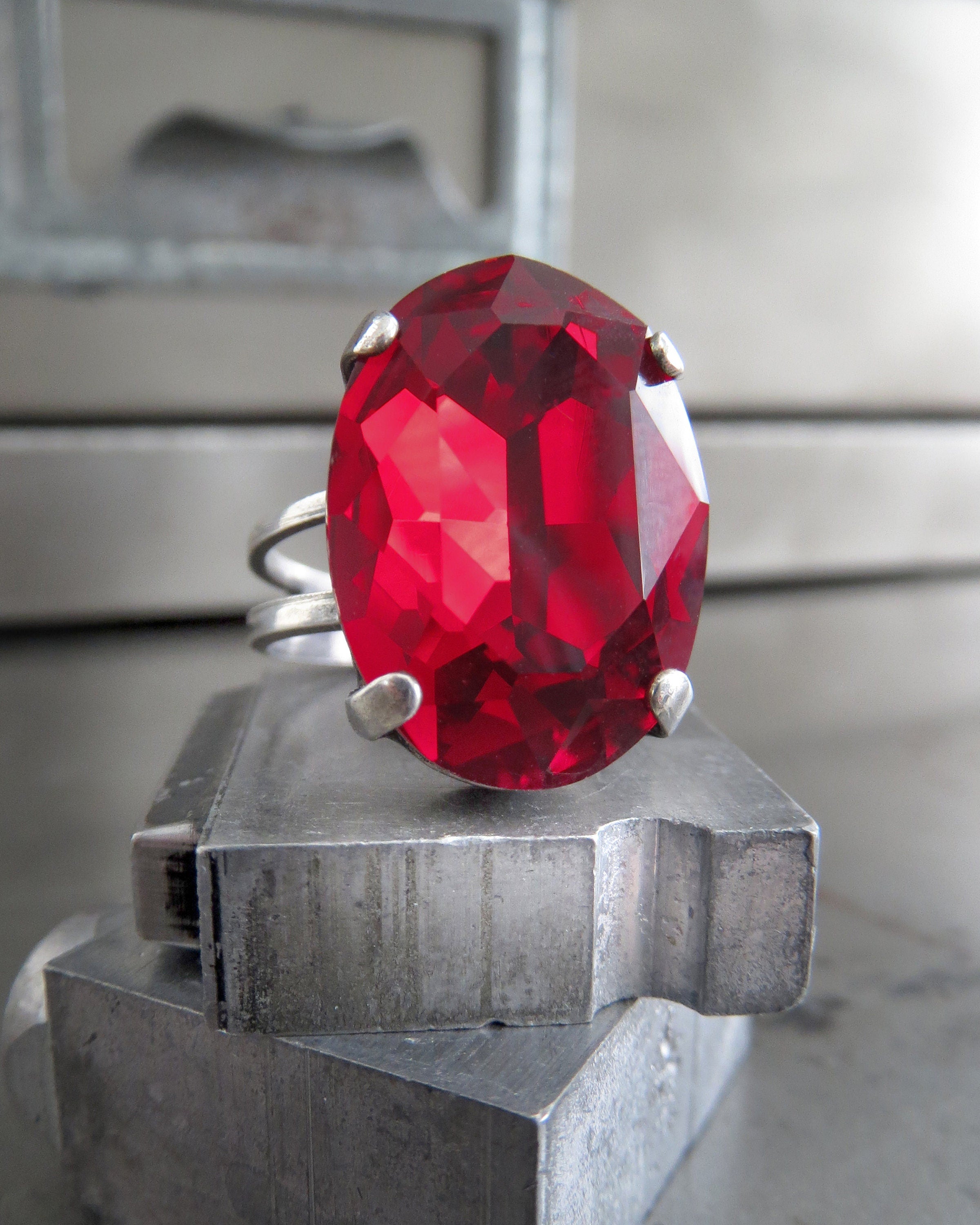 CROWN JEWEL: Regal Red Crystal Ring, Oval Siam Crystal with Antiqued Silver Adjustable Ring Band, Scarlet Ruby July Birthstone Ring - 4120