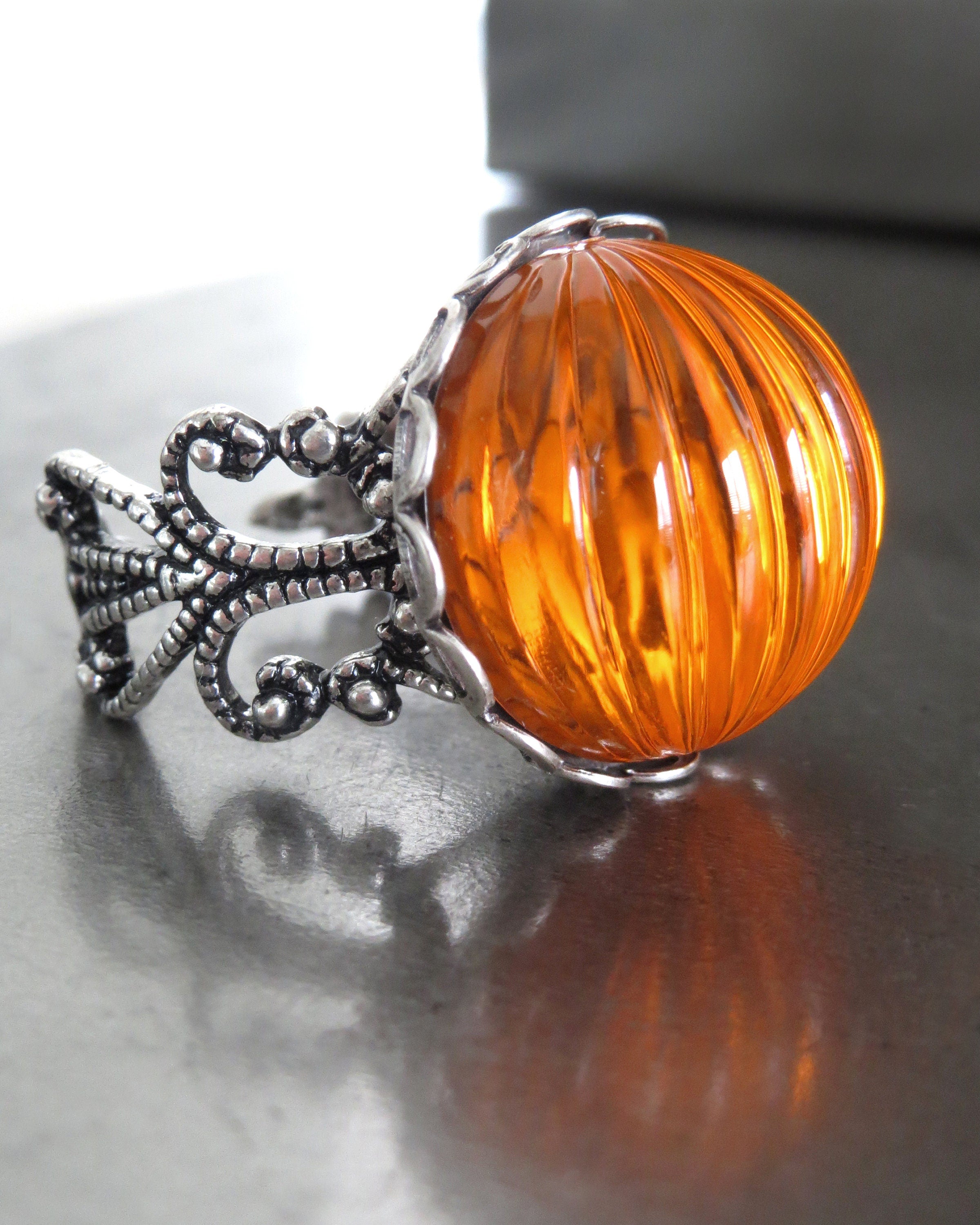 Orange Halloween Pumpkin Ring, Fun Halloween Ring Gift for Teen, Pumpkin Gift, Antiqued Silver Adjustable Ring, Trick Treat Gift Teen Girl