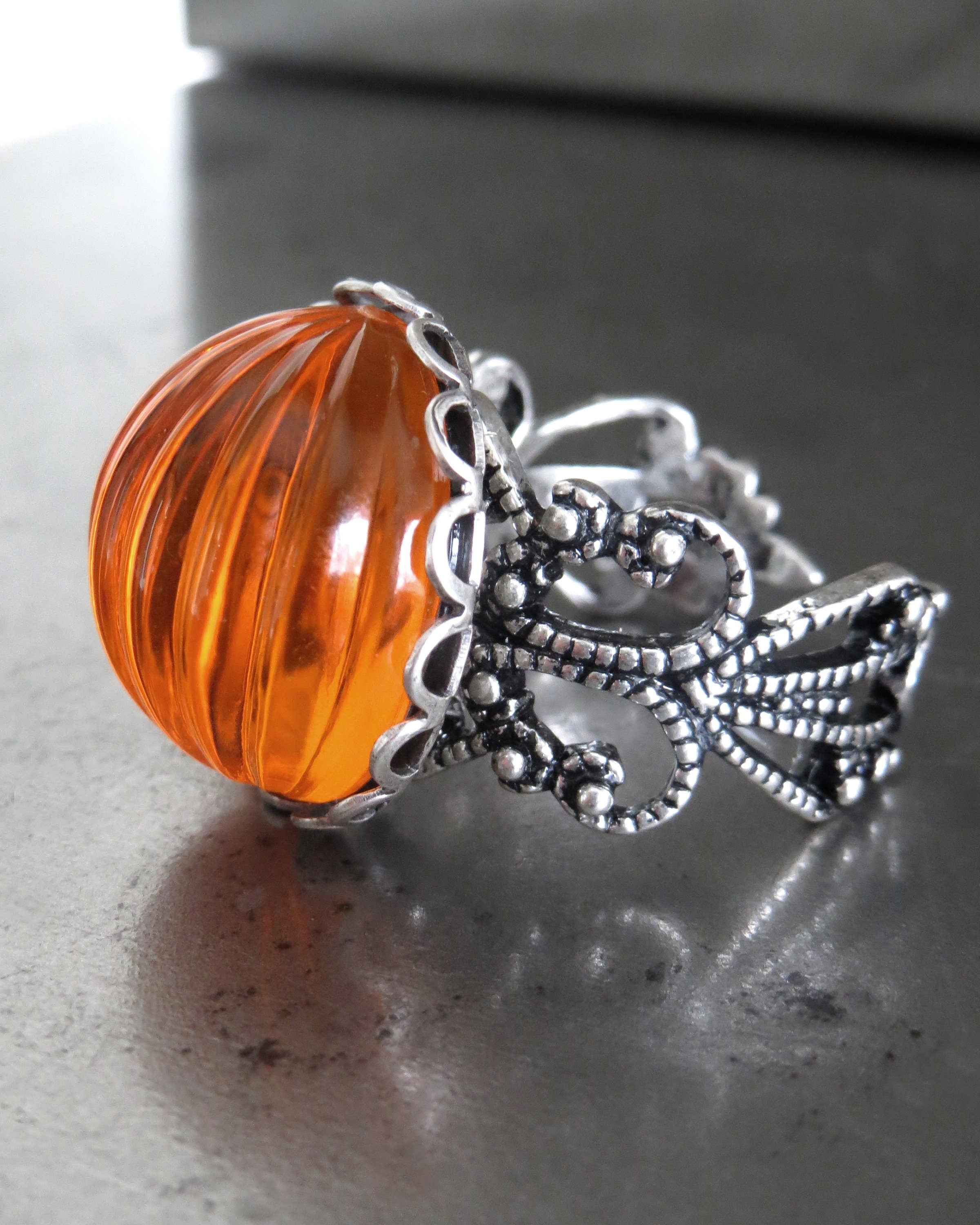 Orange Halloween Pumpkin Ring, Fun Halloween Ring Gift for Teen, Pumpkin Gift, Antiqued Silver Adjustable Ring, Trick Treat Gift Teen Girl