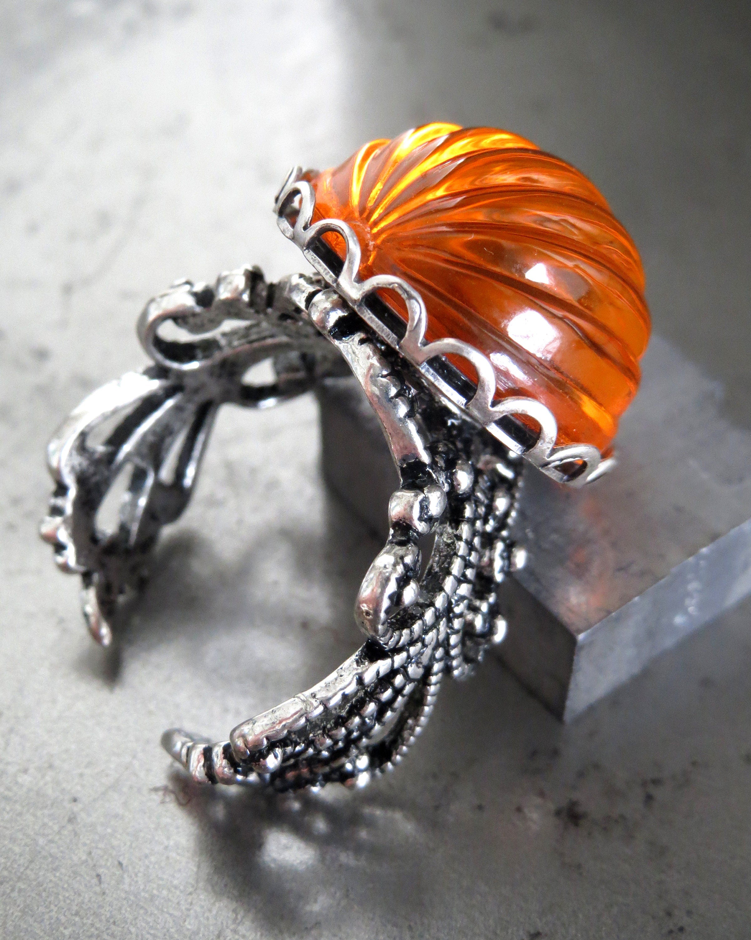 Orange Halloween Pumpkin Ring, Fun Halloween Ring Gift for Teen, Pumpkin Gift, Antiqued Silver Adjustable Ring, Trick Treat Gift Teen Girl