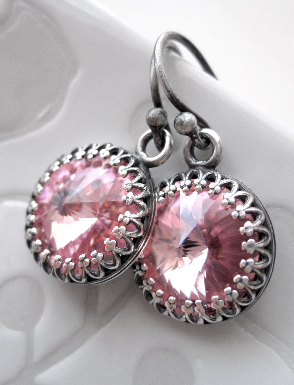 Soft Baby Pink Crystal Rivoli Earrings - Vintage Style