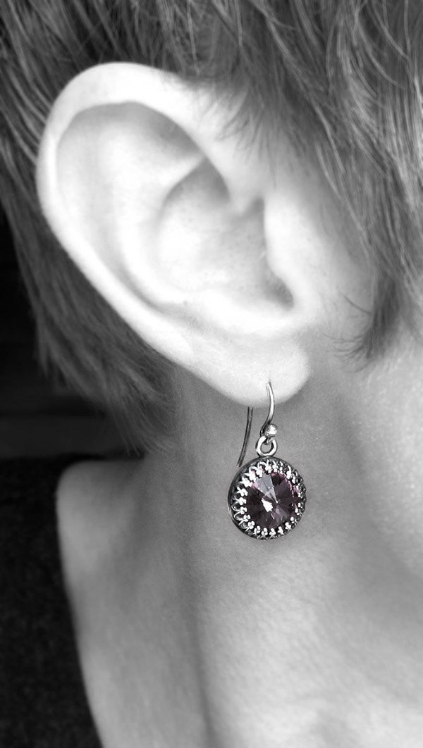 Amethyst Purple Crystal Rivoli Earrings - Vintage Style Crown Bezel