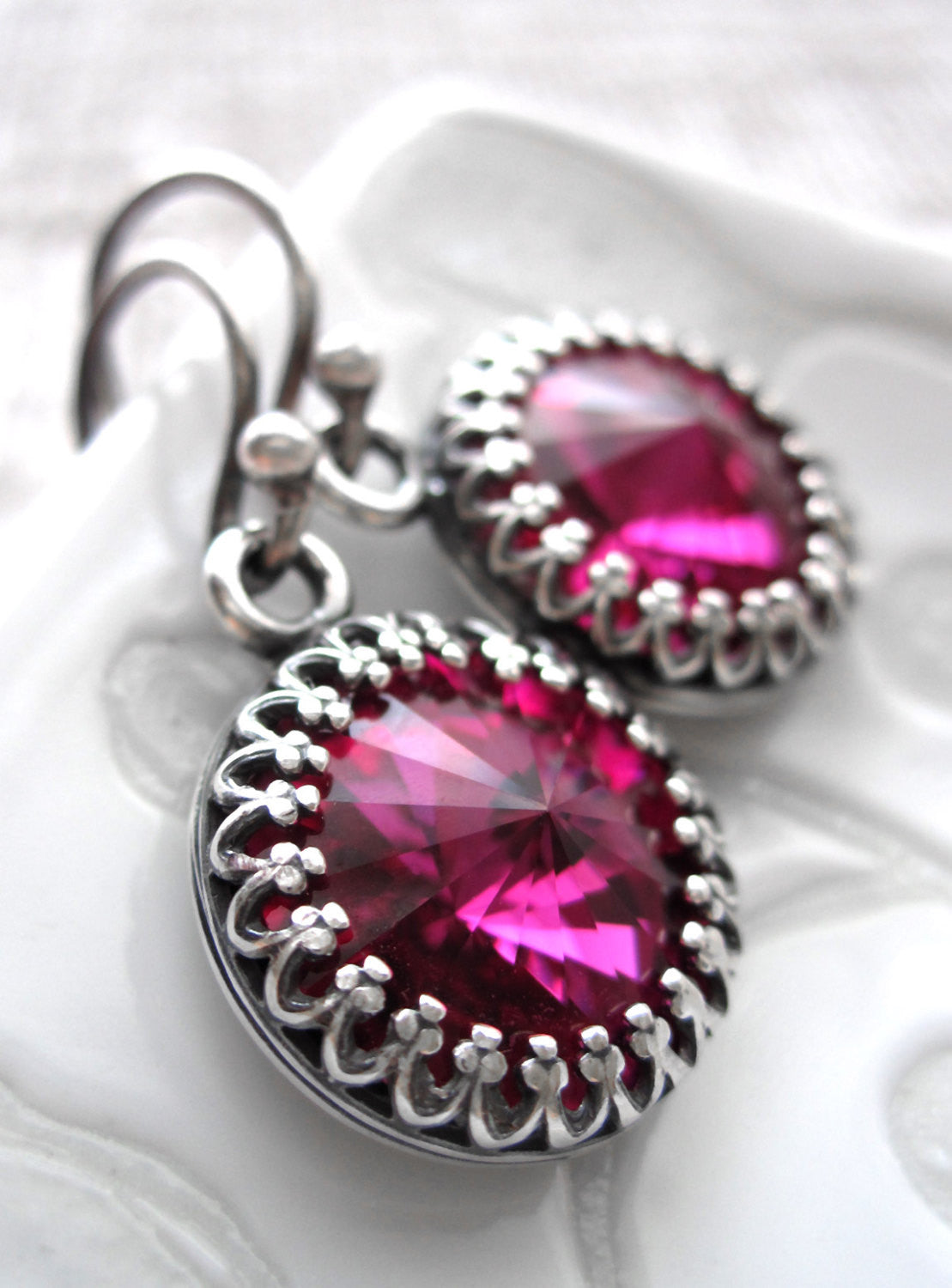 Magenta Crystal Rivoli Earrings with Vintage Style Crown Bezels