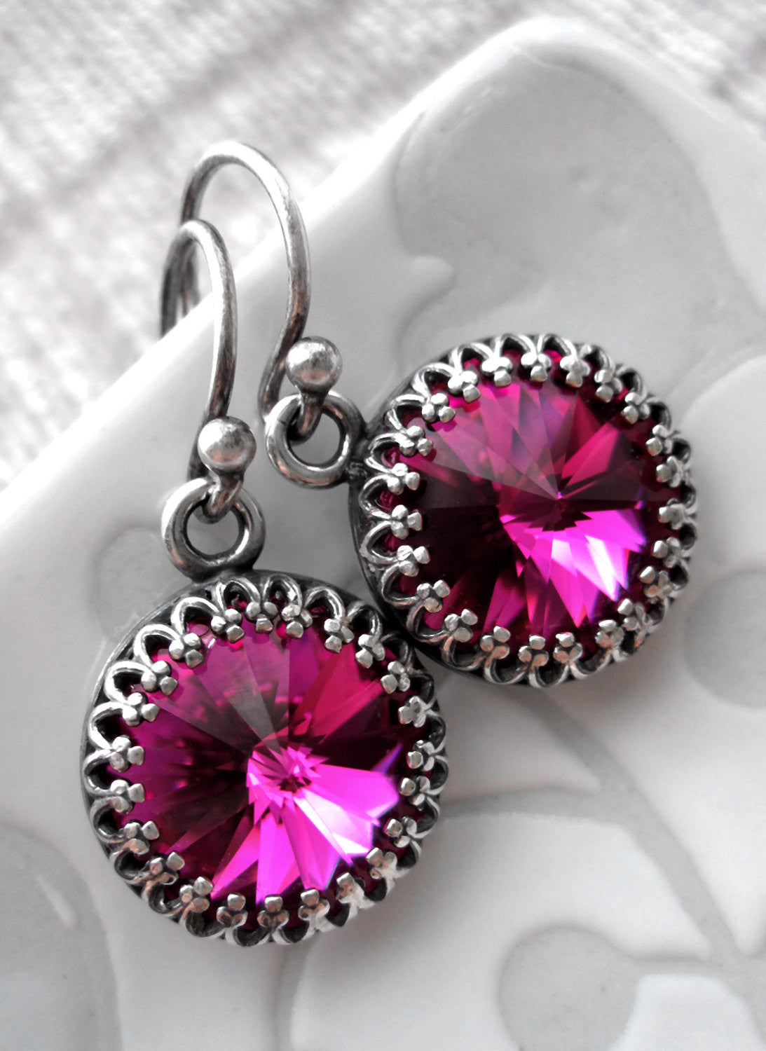 Magenta Crystal Rivoli Earrings with Vintage Style Crown Bezels