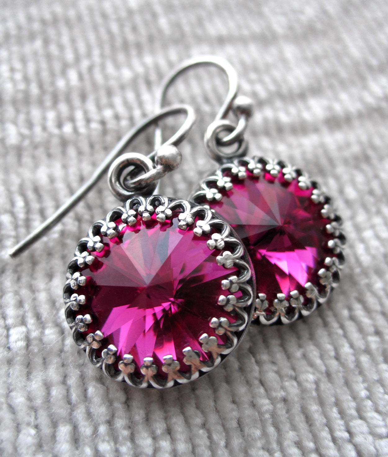 Magenta Crystal Rivoli Earrings with Vintage Style Crown Bezels