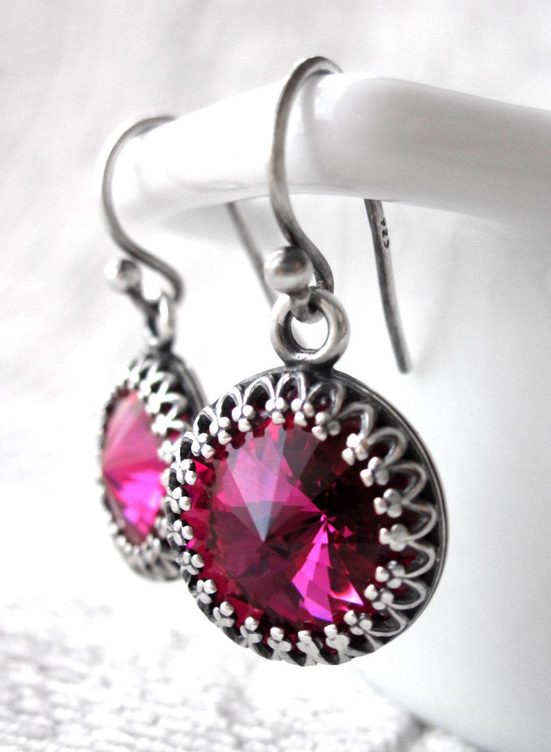 Magenta Crystal Rivoli Earrings with Vintage Style Crown Bezels