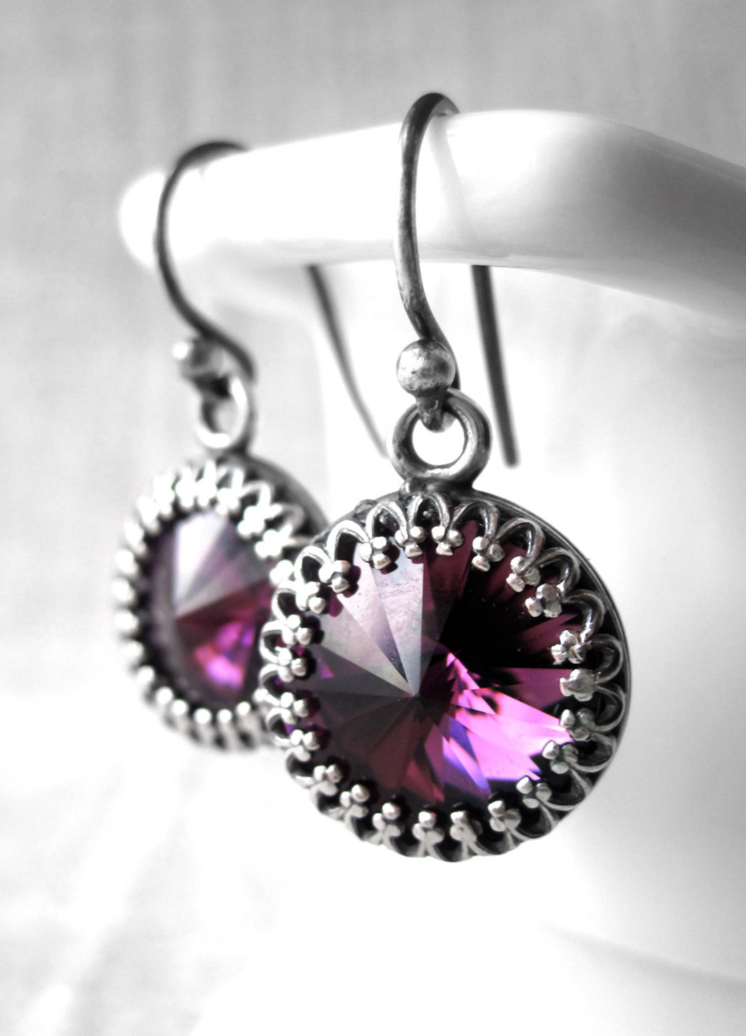 Amethyst Purple Crystal Rivoli Earrings - Vintage Style Crown Bezel