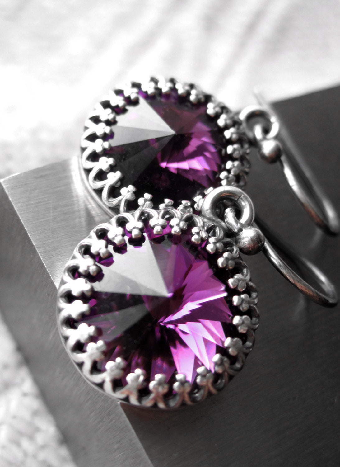 Amethyst Purple Crystal Rivoli Earrings - Vintage Style Crown Bezel