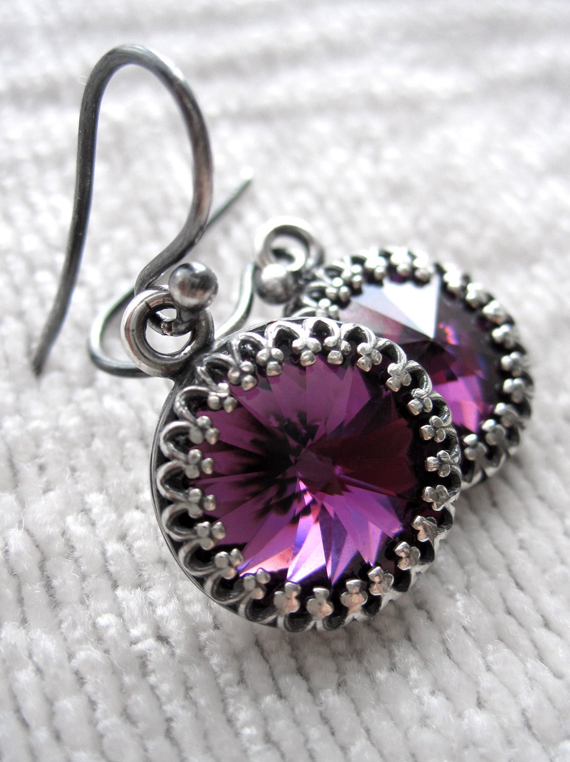 Amethyst Purple Crystal Rivoli Earrings - Vintage Style Crown Bezel