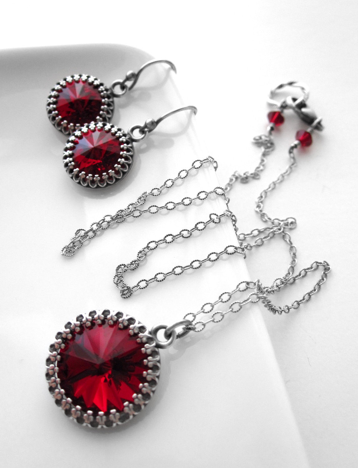 Red Rivoli Crystal Earrings with Vintage Style Crown Bezels