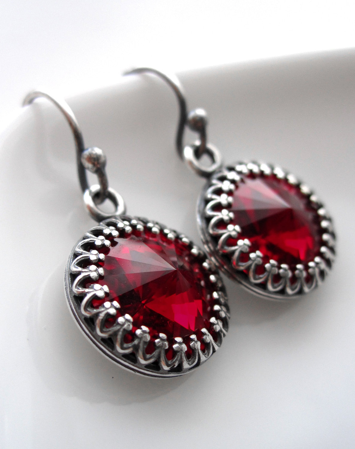 Red Rivoli Crystal Earrings with Vintage Style Crown Bezels