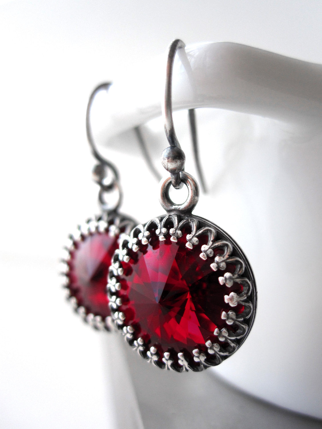 Red Rivoli Crystal Earrings with Vintage Style Crown Bezels
