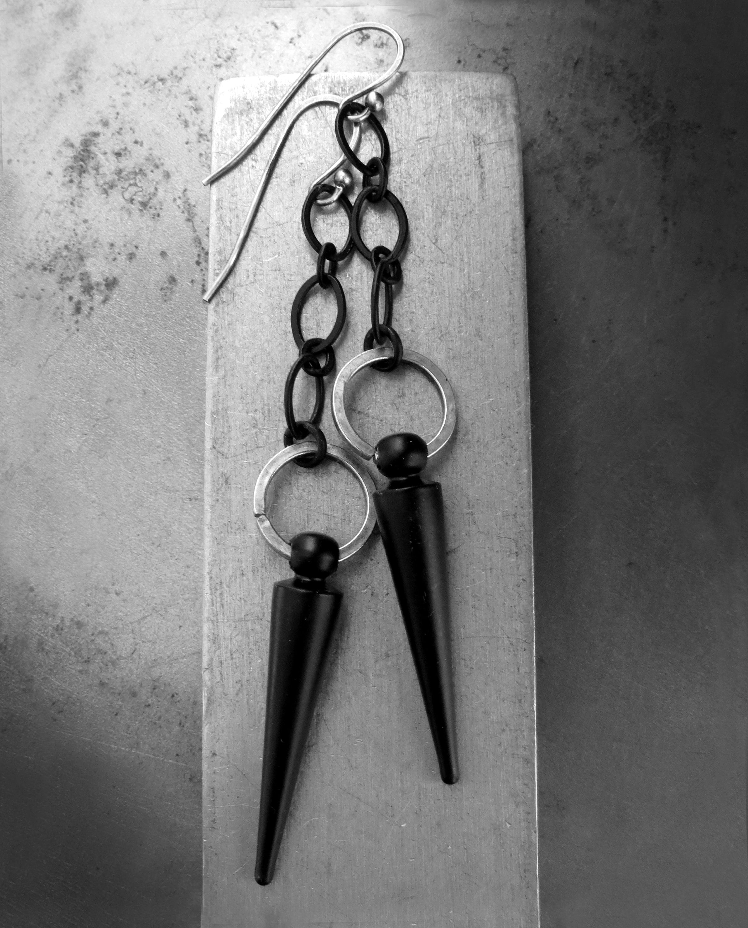 RAVE - Black Spike Earrings with Matte Black Chain - Edgy Long Black Chain Earrings - Modern Minimalist Jewelry