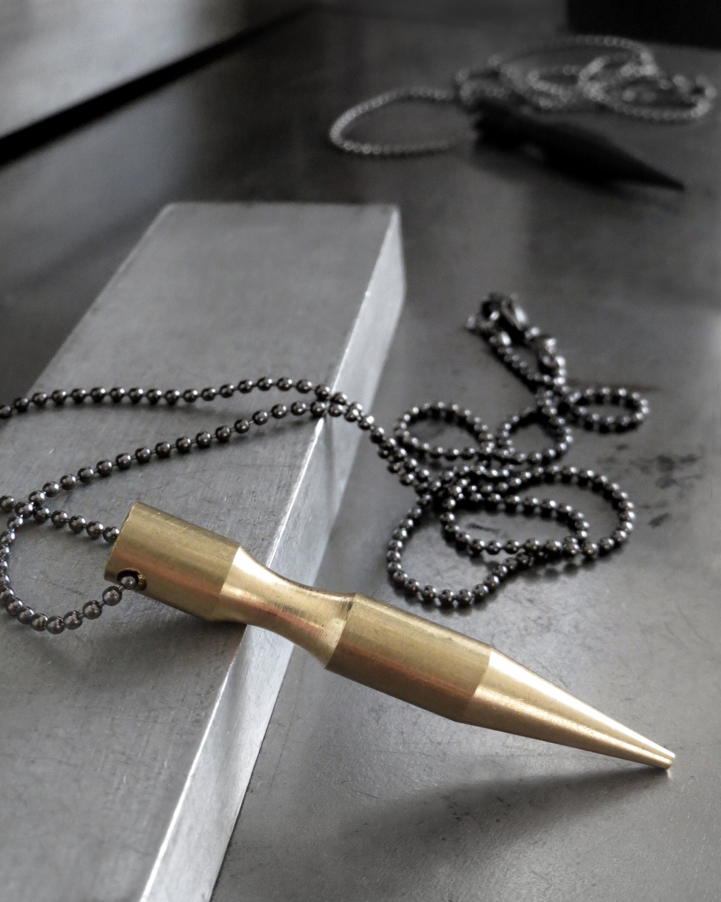 PIERCE - Bullet Spike Pendant Necklace on Black Ball Chain - Matte Black or Old Gold Brass Spike - Mens Spike Necklace, Unisex Jewelry