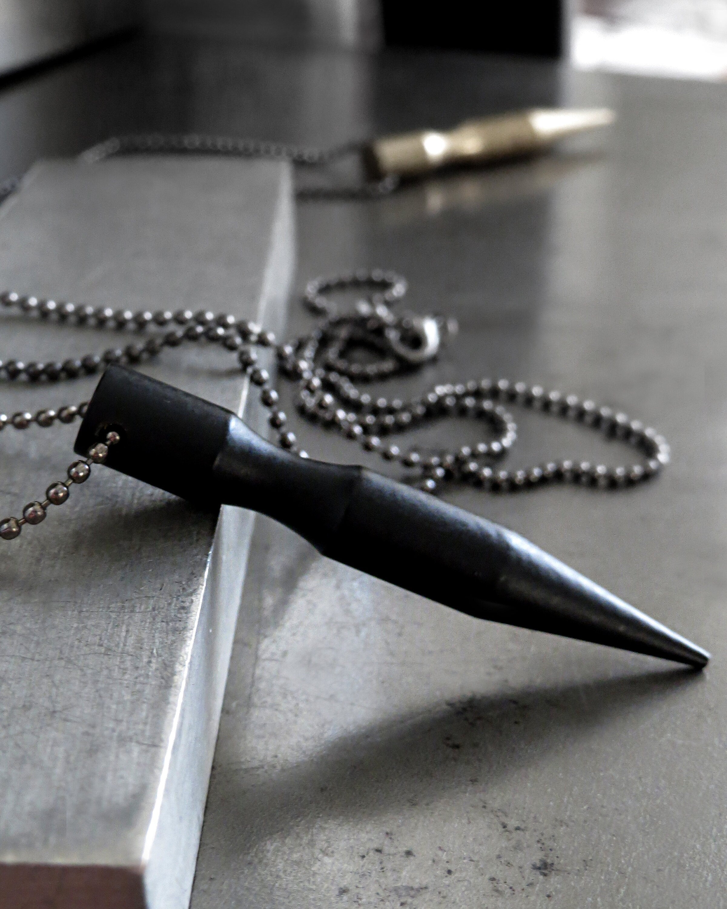 PIERCE - Bullet Spike Pendant Necklace on Black Ball Chain - Matte Black or Old Gold Brass Spike - Mens Spike Necklace, Unisex Jewelry