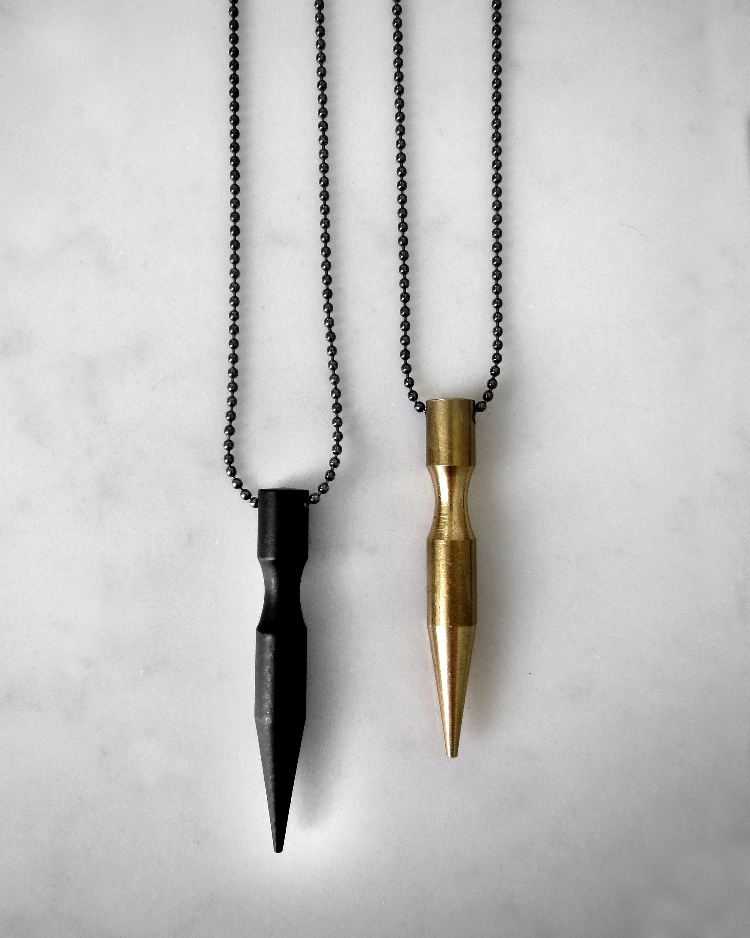 PIERCE - Bullet Spike Pendant Necklace on Black Ball Chain - Matte Black or Old Gold Brass Spike - Mens Spike Necklace, Unisex Jewelry