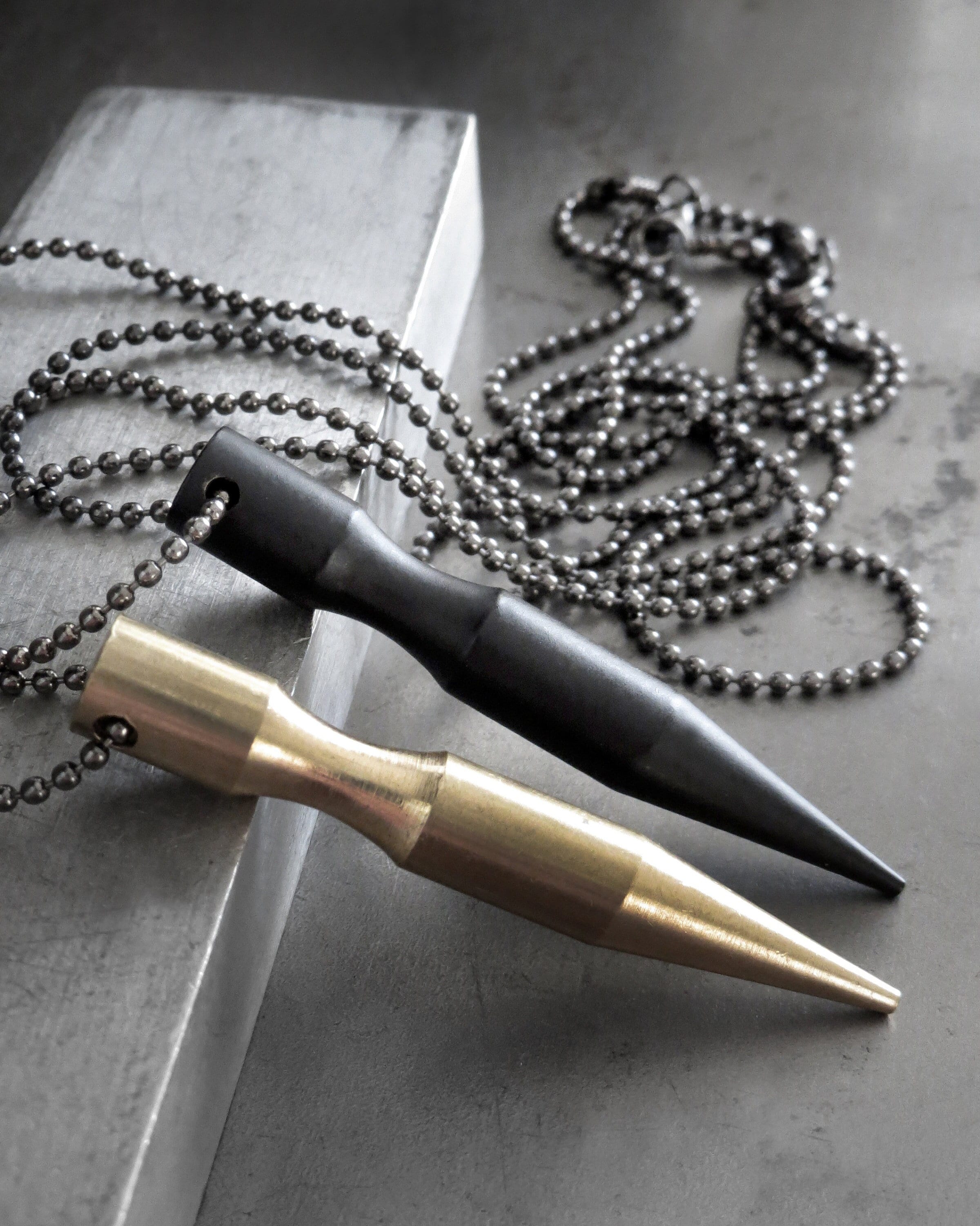PIERCE - Bullet Spike Pendant Necklace on Black Ball Chain - Matte Black or Old Gold Brass Spike - Mens Spike Necklace, Unisex Jewelry