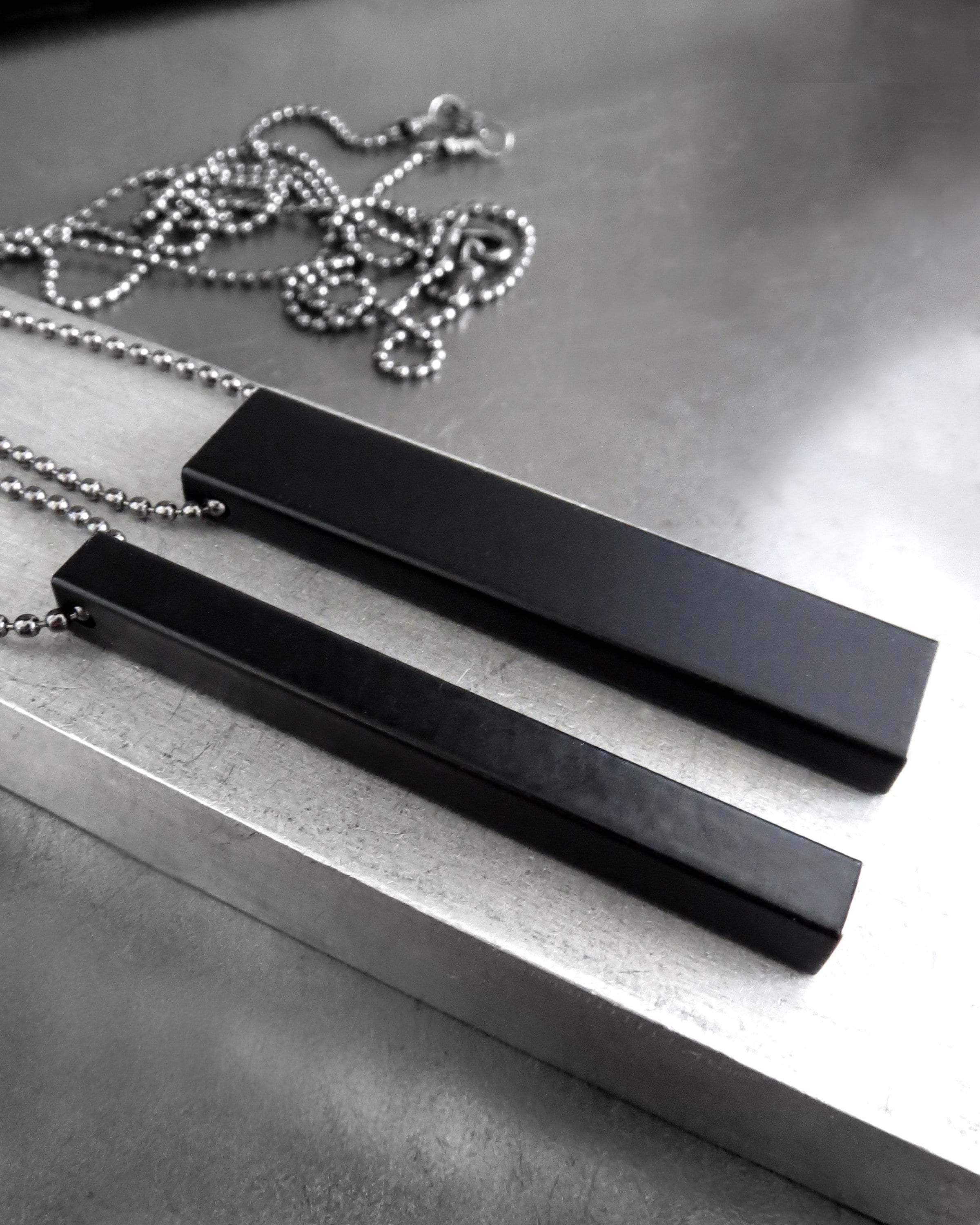 STOIC - Matte Black Rectangle Bar Pendant Necklace - Black Ball Chain - Mens Pendant Necklace, Unisex Black Necklace, Unisex Mens Jewelry