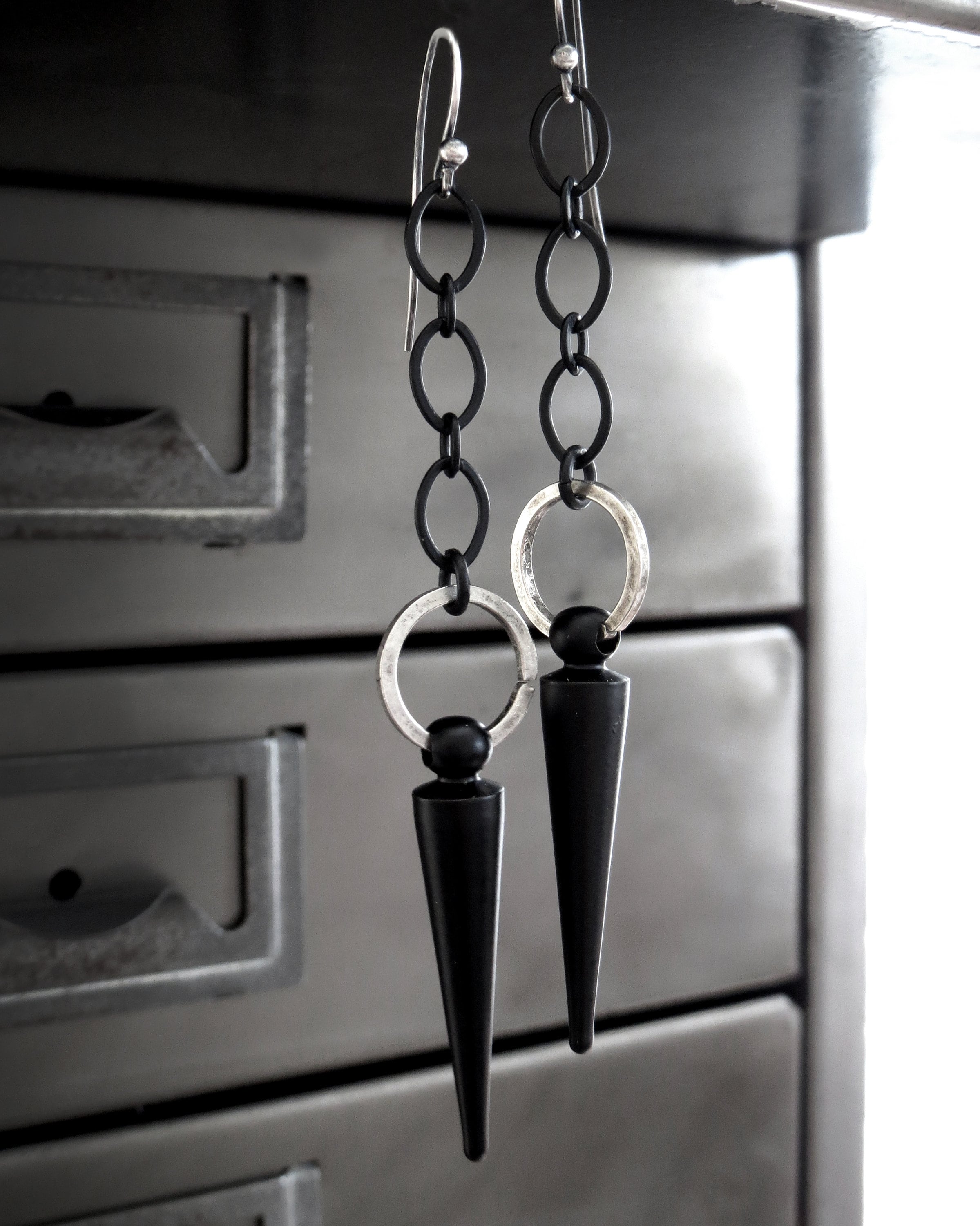 RAVE - Black Spike Earrings with Matte Black Chain - Edgy Long Black Chain Earrings - Modern Minimalist Jewelry