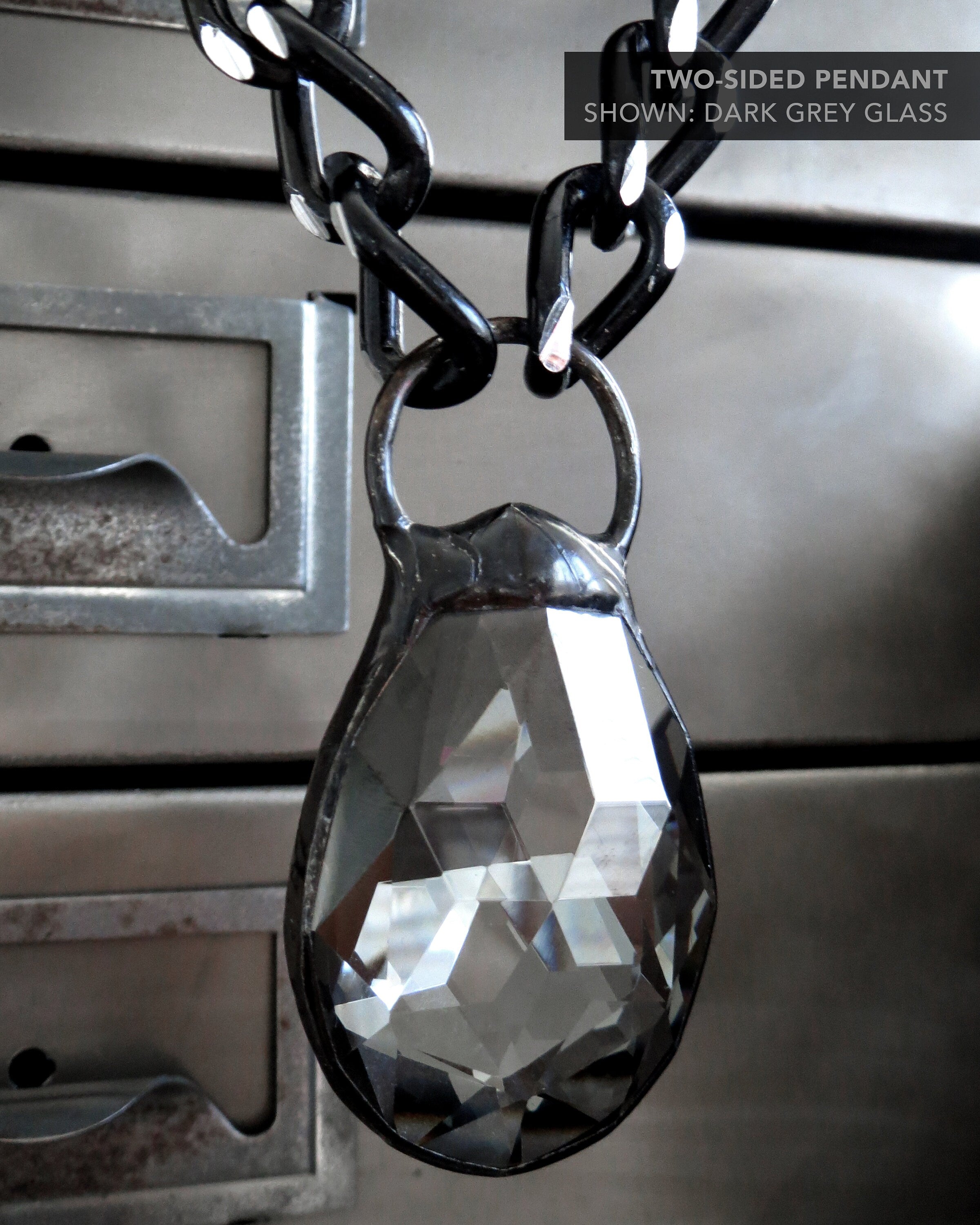 TWO-FACED - Two-Sided Large Teardrop Pendant Necklace with Thick Black and Silver Faceted Chain - Metallic Silver and Black Diamond Teardrop