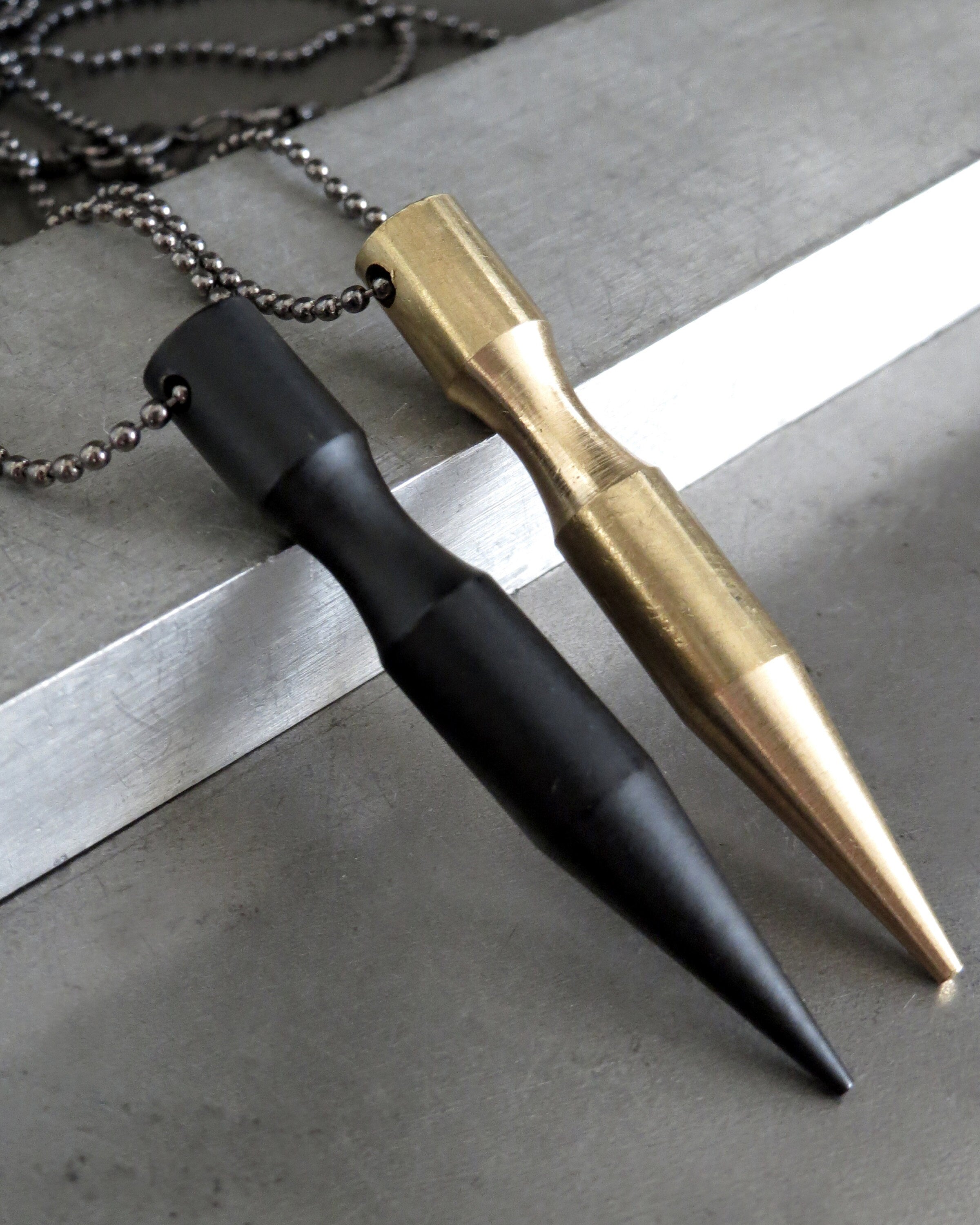 PIERCE - Bullet Spike Pendant Necklace on Black Ball Chain - Matte Black or Old Gold Brass Spike - Mens Spike Necklace, Unisex Jewelry