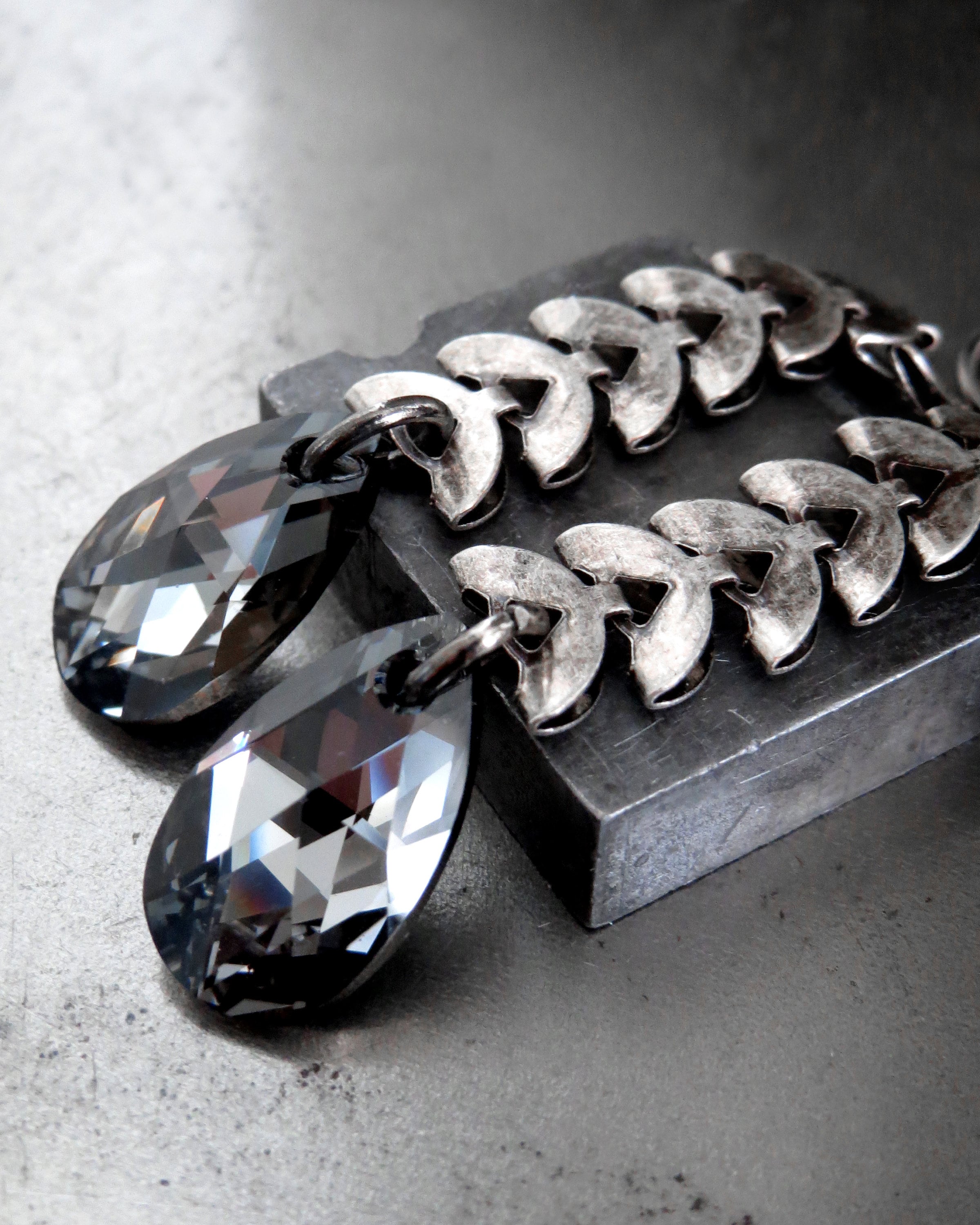 LUNA - Black Crystal Teardrop Earrings with Antiqued Silver Crescent Chain, Long Chain Earrings w Black Pear Crystal - Modern Earrings