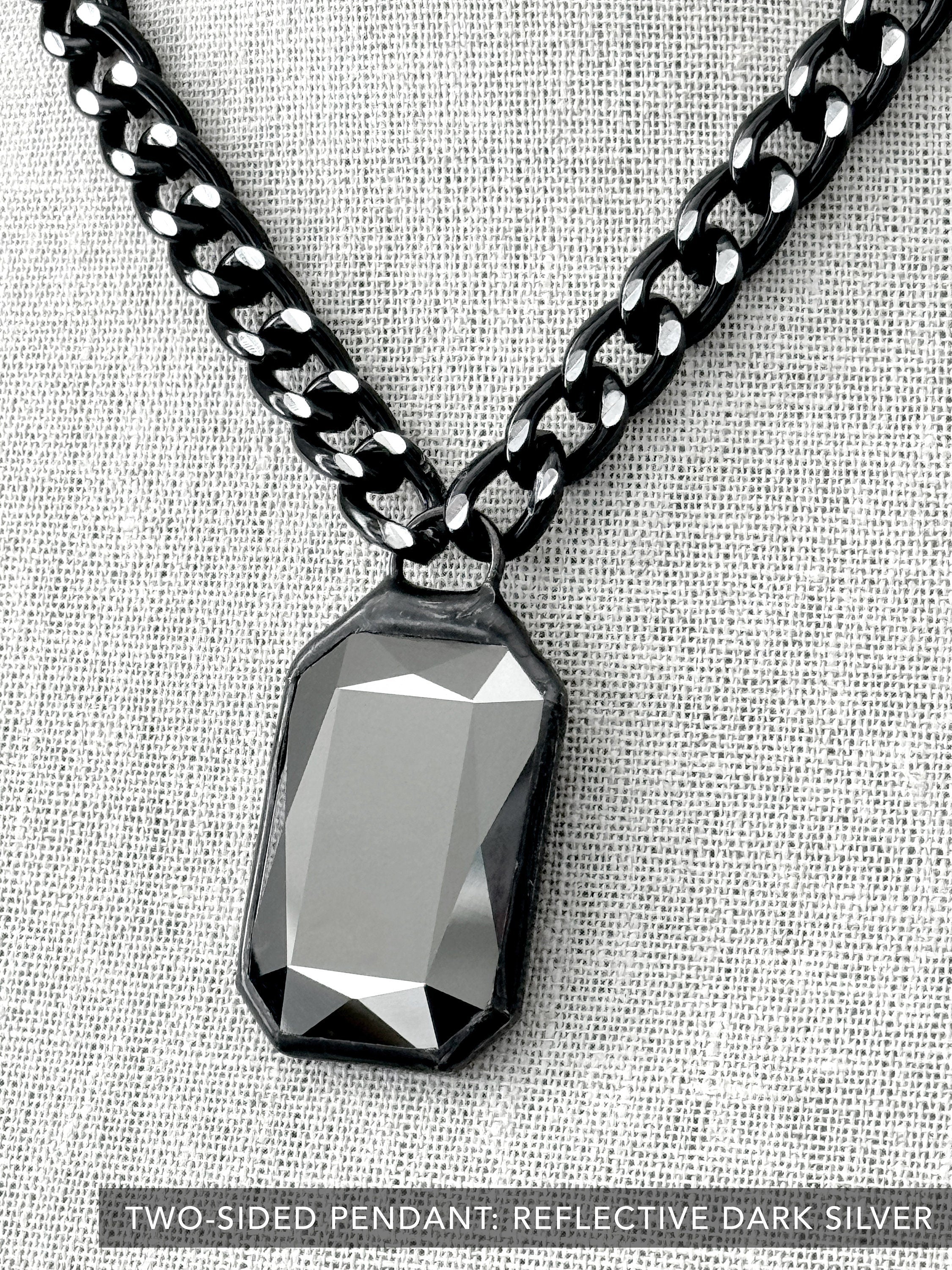 CARBON - Large Crystal Statement Necklace - Two-Sided Metallic Dark Silver + Black Crystal Pendant, Thick Silver Black Chain, Modern Jewelry