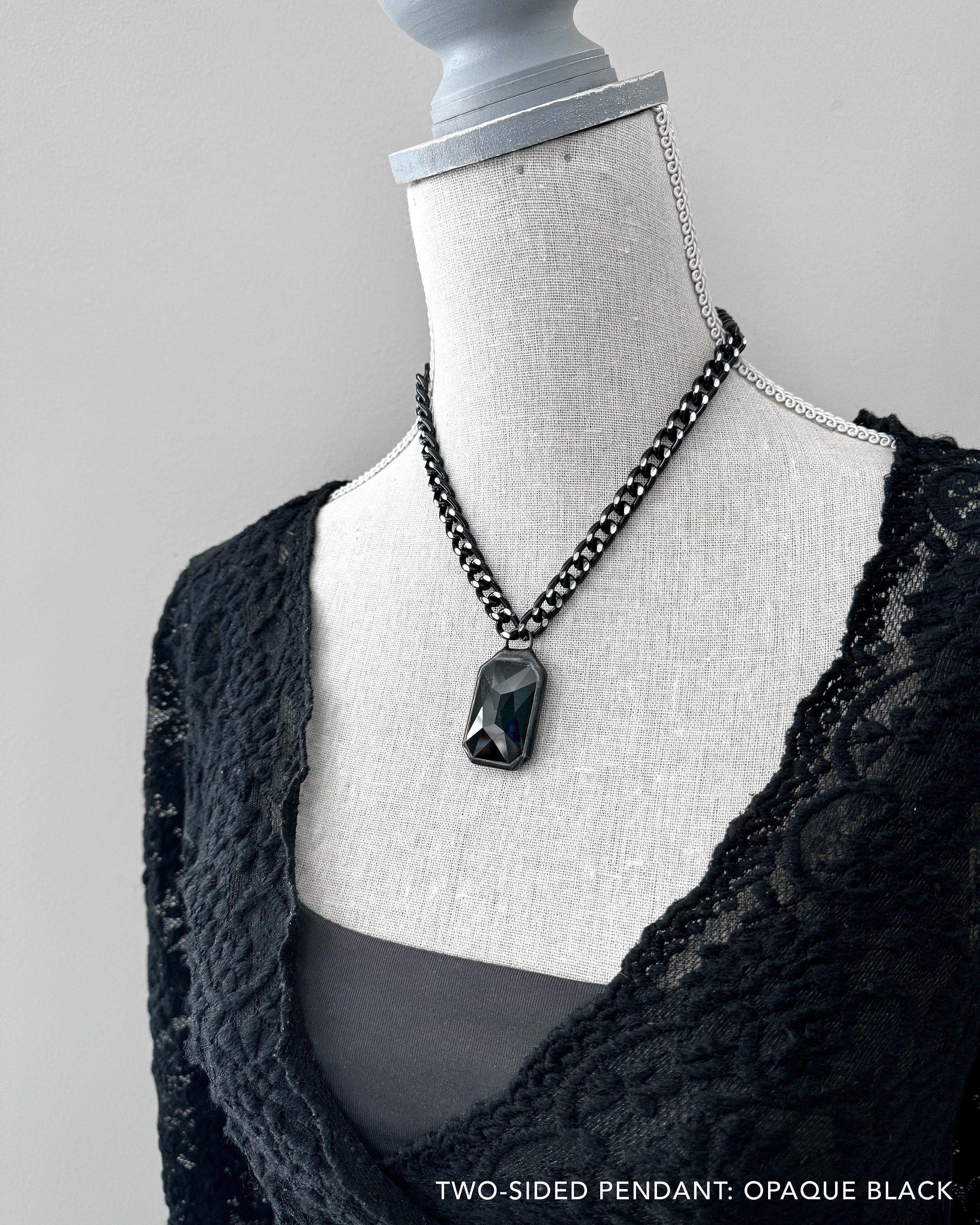 CARBON - Large Crystal Statement Necklace - Two-Sided Metallic Dark Silver + Black Crystal Pendant, Thick Silver Black Chain, Modern Jewelry